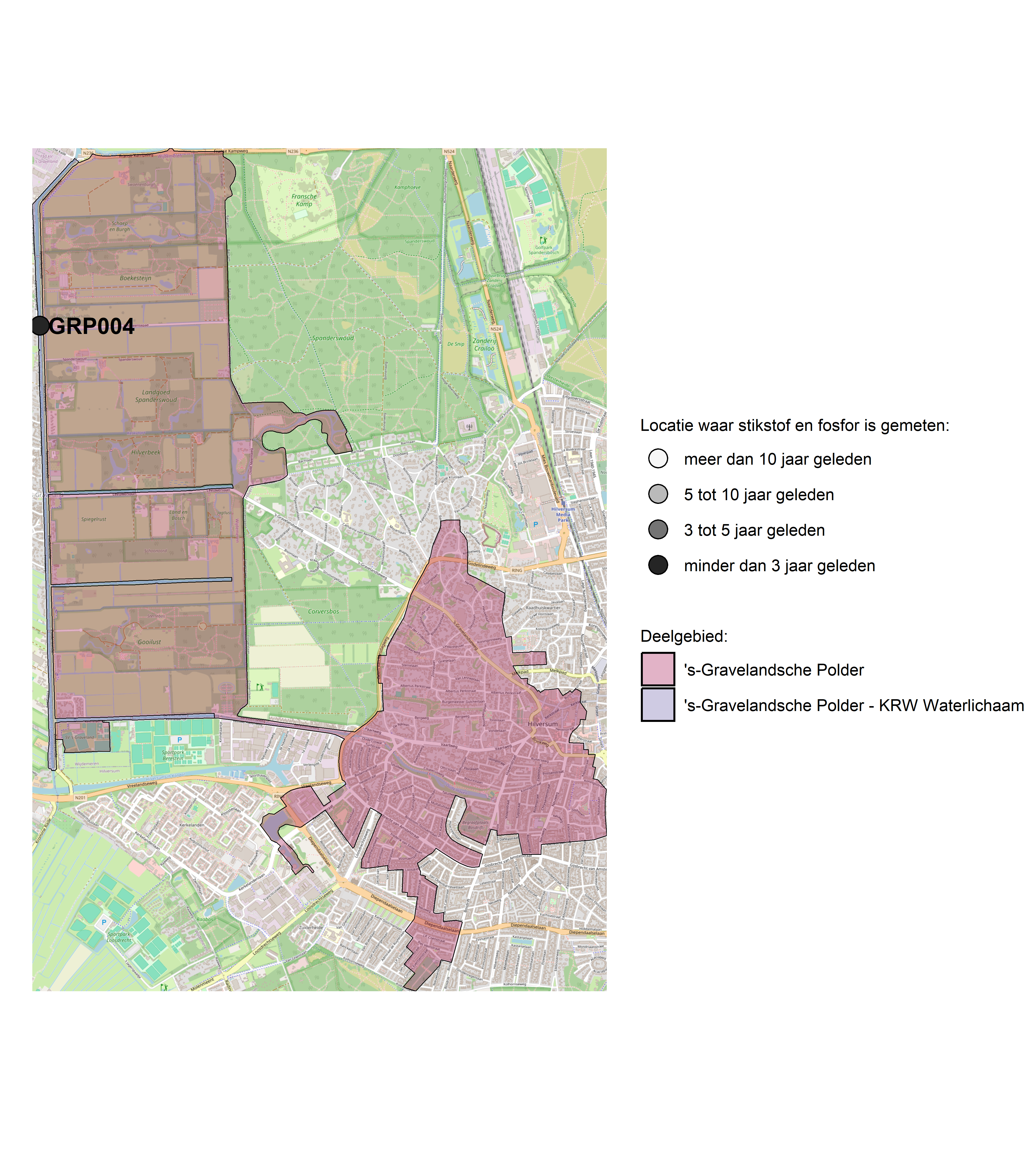 Figure 1: Kaart met meetlocaties waar stikstof en fosfor zijn gemeten. Het laatste meetjaar waarin een locatie is bemonsterd, is weergegeven in verschillende tinten grijs.