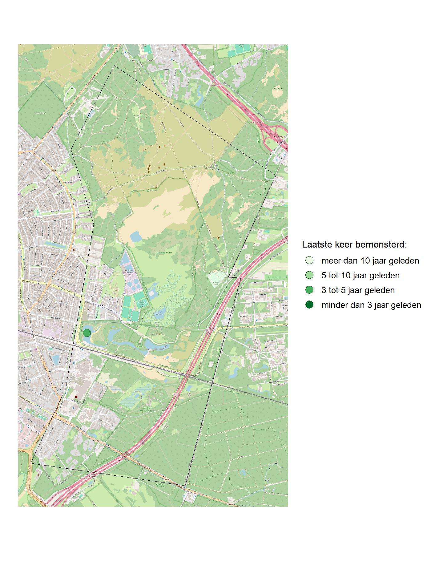 Kaart met meetlocaties waar waterplanten worden gemeten (groene stippen). Het laatste meetjaar waarin een locatie is bemonsterd is weergegeven in verschillende tinten groen.