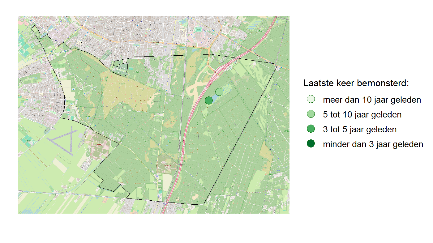 Kaart met meetlocaties waar waterplanten worden gemeten (groene stippen). Het laatste meetjaar waarin een locatie is bemonsterd is weergegeven in verschillende tinten groen.