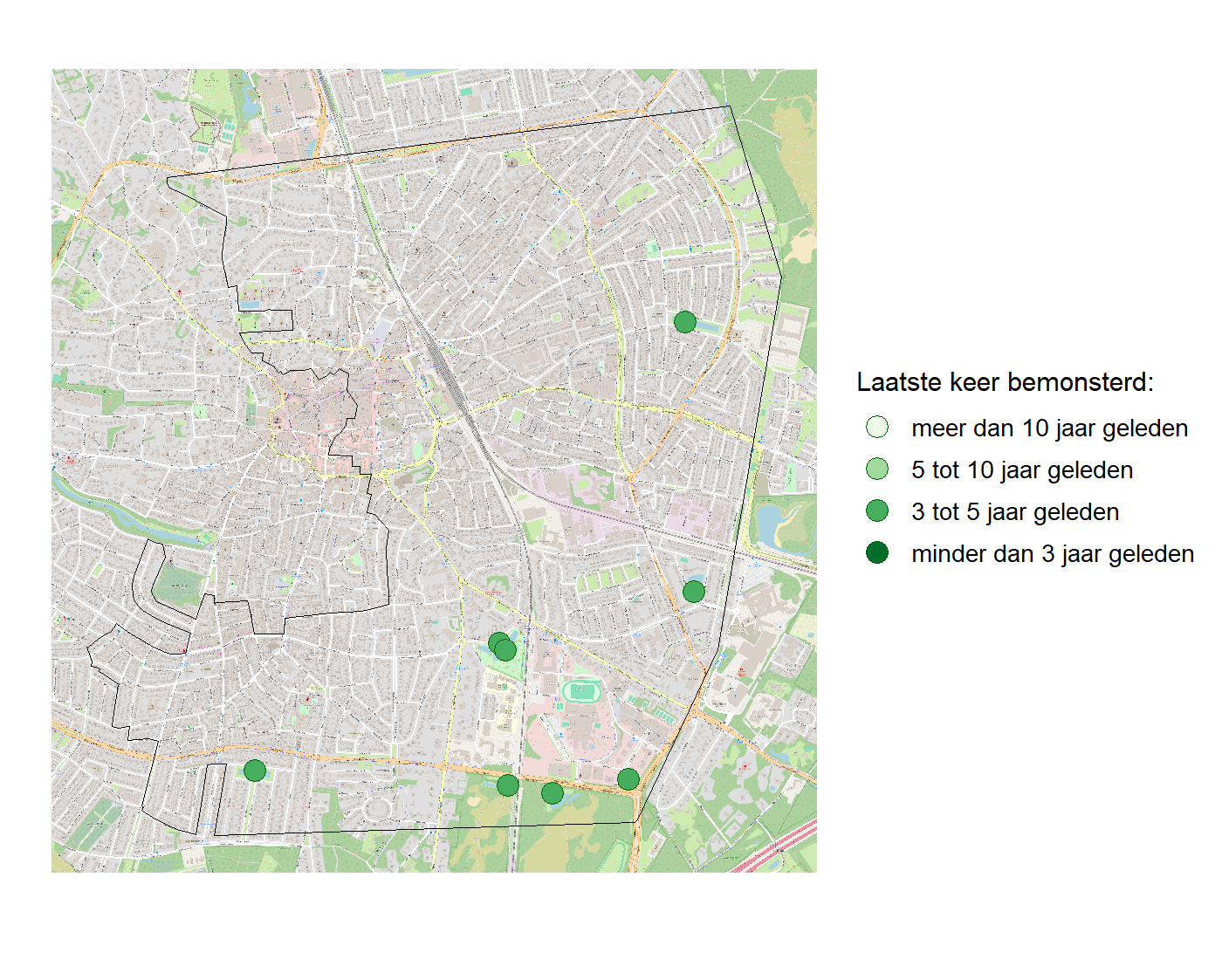 Kaart met meetlocaties waar waterplanten worden gemeten (groene stippen). Het laatste meetjaar waarin een locatie is bemonsterd is weergegeven in verschillende tinten groen.