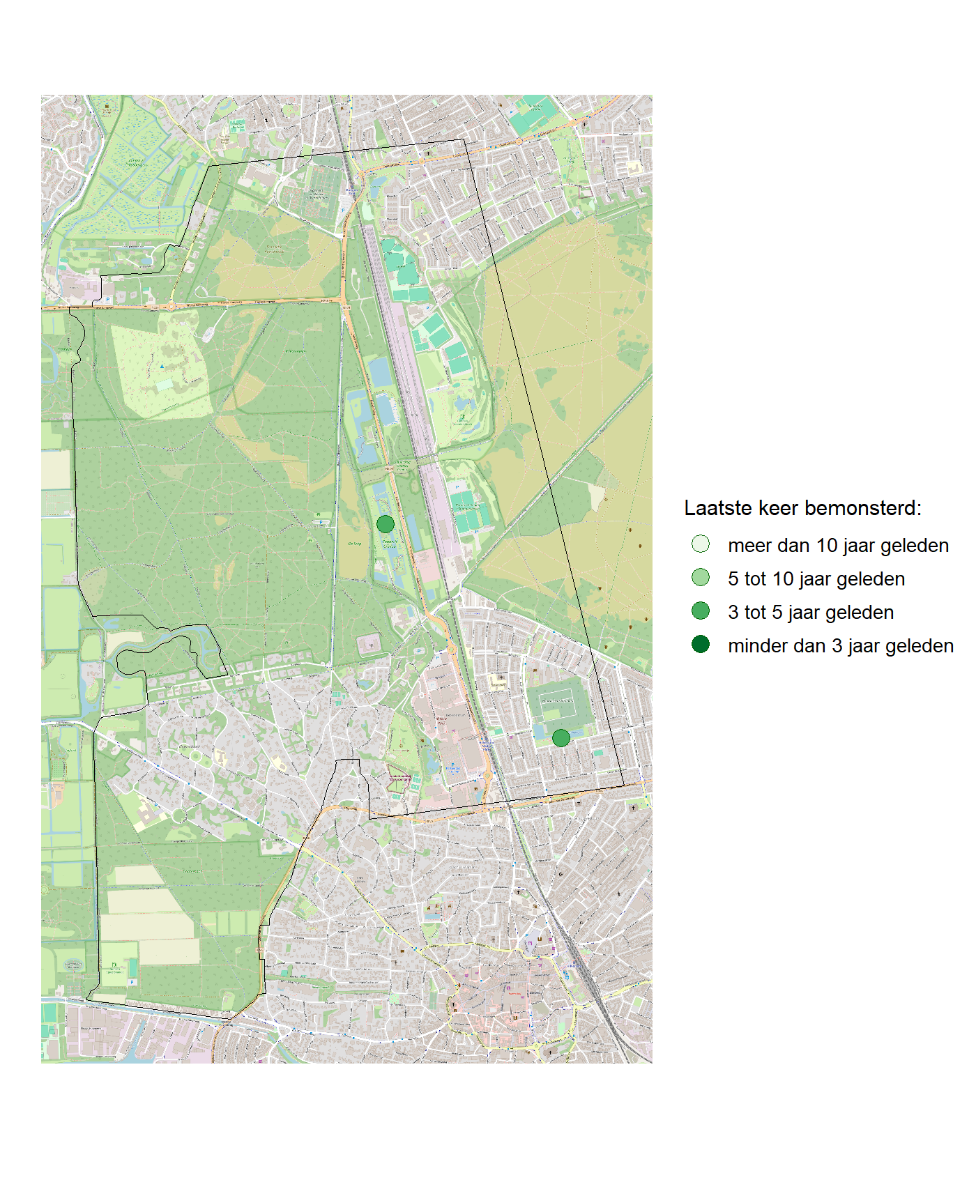 Kaart met meetlocaties waar waterplanten worden gemeten (groene stippen). Het laatste meetjaar waarin een locatie is bemonsterd is weergegeven in verschillende tinten groen.