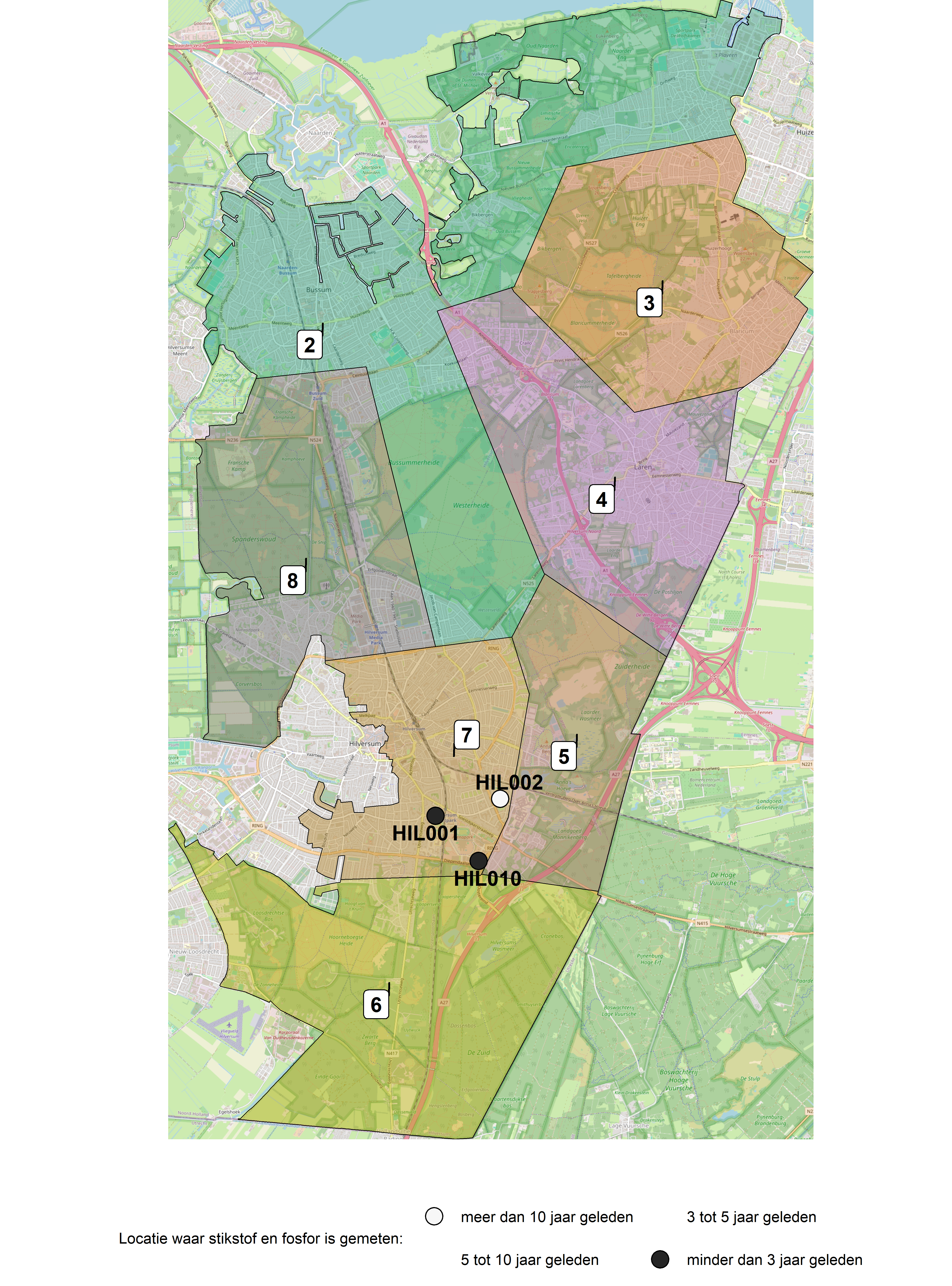 Figure 1: Kaart met meetlocaties waar stikstof en fosfor zijn gemeten. Het laatste meetjaar waarin een locatie is bemonsterd, is weergegeven in verschillende tinten grijs.