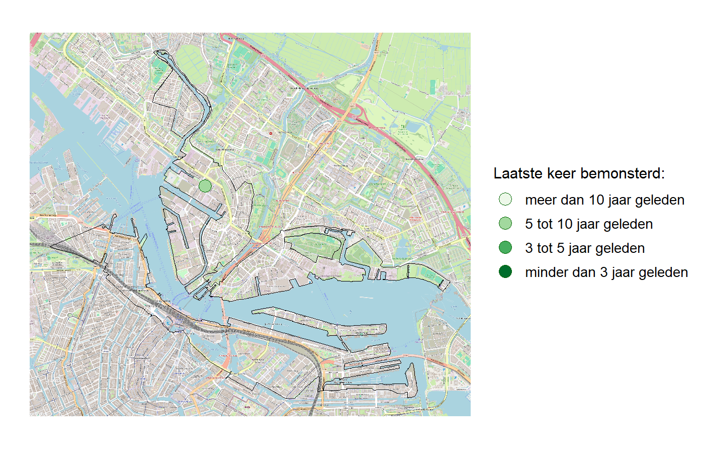 Kaart met meetlocaties waar waterplanten worden gemeten (groene stippen). Het laatste meetjaar waarin een locatie is bemonsterd is weergegeven in verschillende tinten groen.