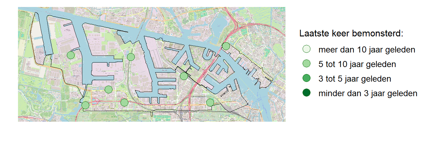 Kaart met meetlocaties waar waterplanten worden gemeten (groene stippen). Het laatste meetjaar waarin een locatie is bemonsterd is weergegeven in verschillende tinten groen.