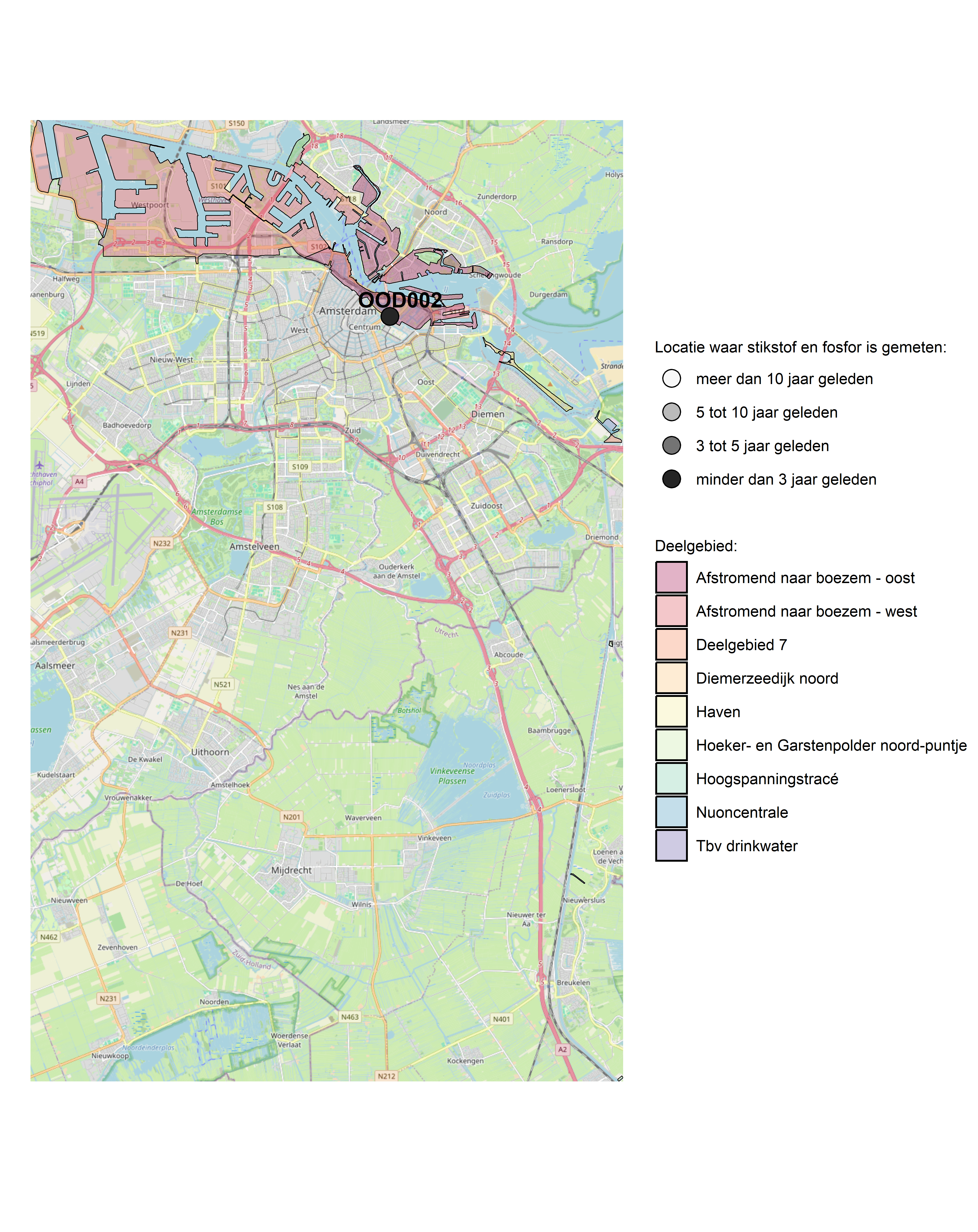 Figure 1: Kaart met meetlocaties waar stikstof en fosfor zijn gemeten. Het laatste meetjaar waarin een locatie is bemonsterd, is weergegeven in verschillende tinten grijs.