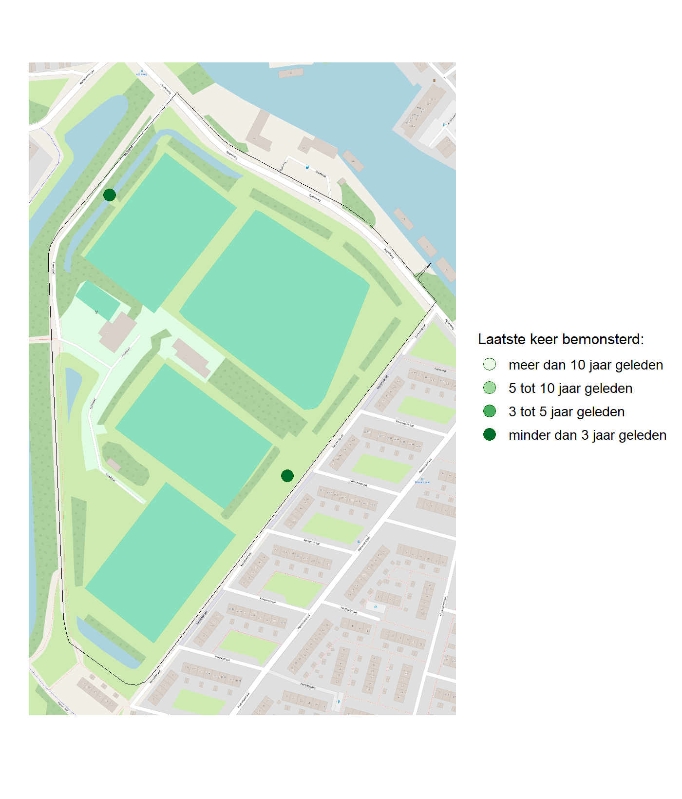 Kaart met meetlocaties waar waterplanten worden gemeten (groene stippen). Het laatste meetjaar waarin een locatie is bemonsterd is weergegeven in verschillende tinten groen.