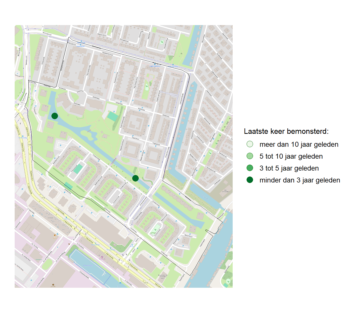 Kaart met meetlocaties waar waterplanten worden gemeten (groene stippen). Het laatste meetjaar waarin een locatie is bemonsterd is weergegeven in verschillende tinten groen.