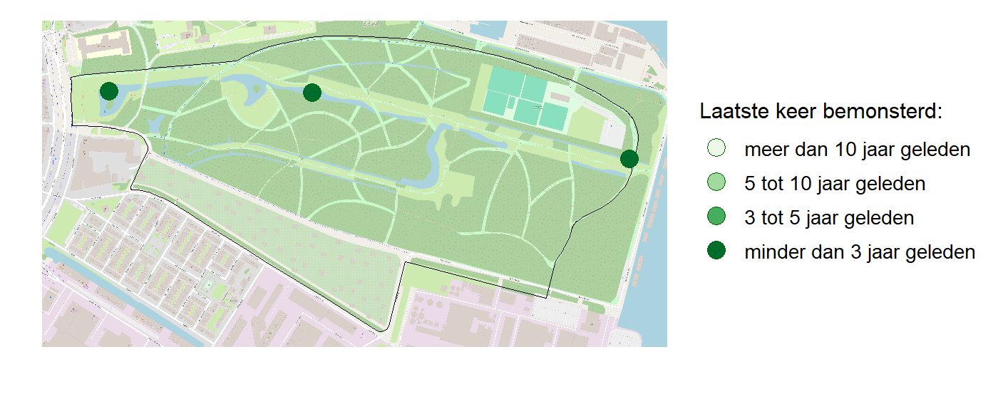 Kaart met meetlocaties waar waterplanten worden gemeten (groene stippen). Het laatste meetjaar waarin een locatie is bemonsterd is weergegeven in verschillende tinten groen.