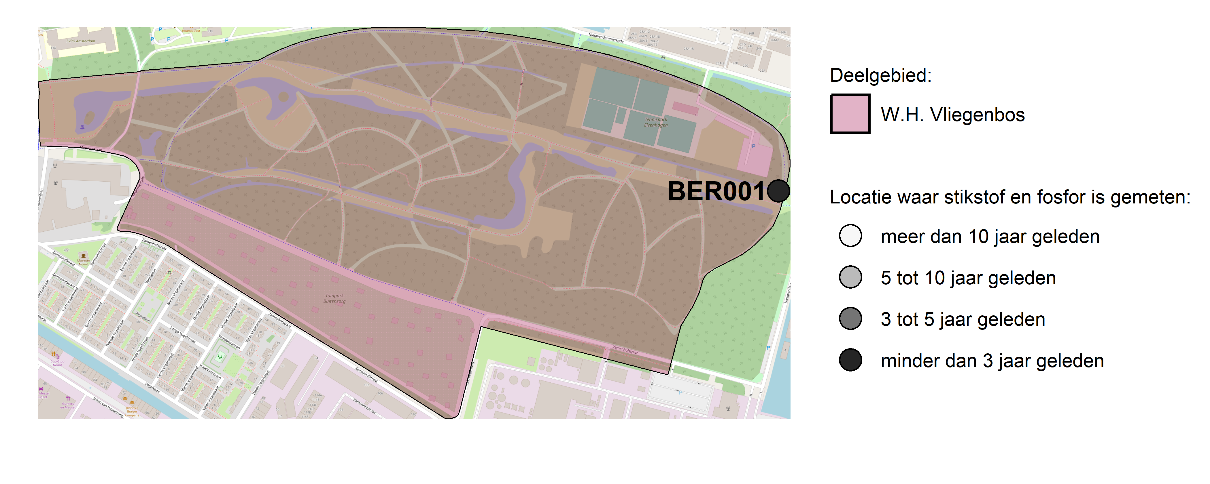 Figure 1: Kaart met meetlocaties waar stikstof en fosfor zijn gemeten. Het laatste meetjaar waarin een locatie is bemonsterd, is weergegeven in verschillende tinten grijs.