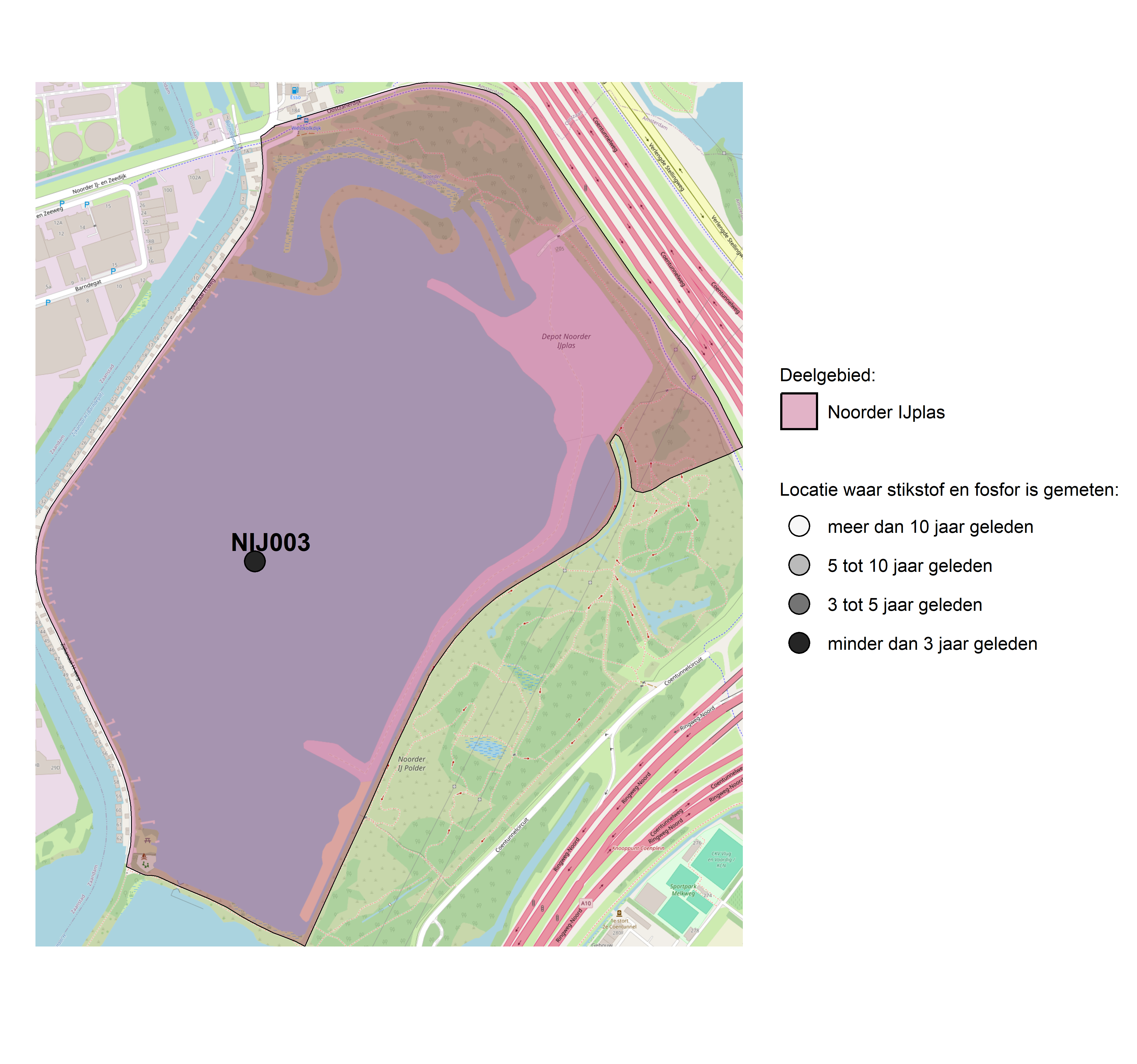 Figure 1: Kaart met meetlocaties waar stikstof en fosfor zijn gemeten. Het laatste meetjaar waarin een locatie is bemonsterd, is weergegeven in verschillende tinten grijs.