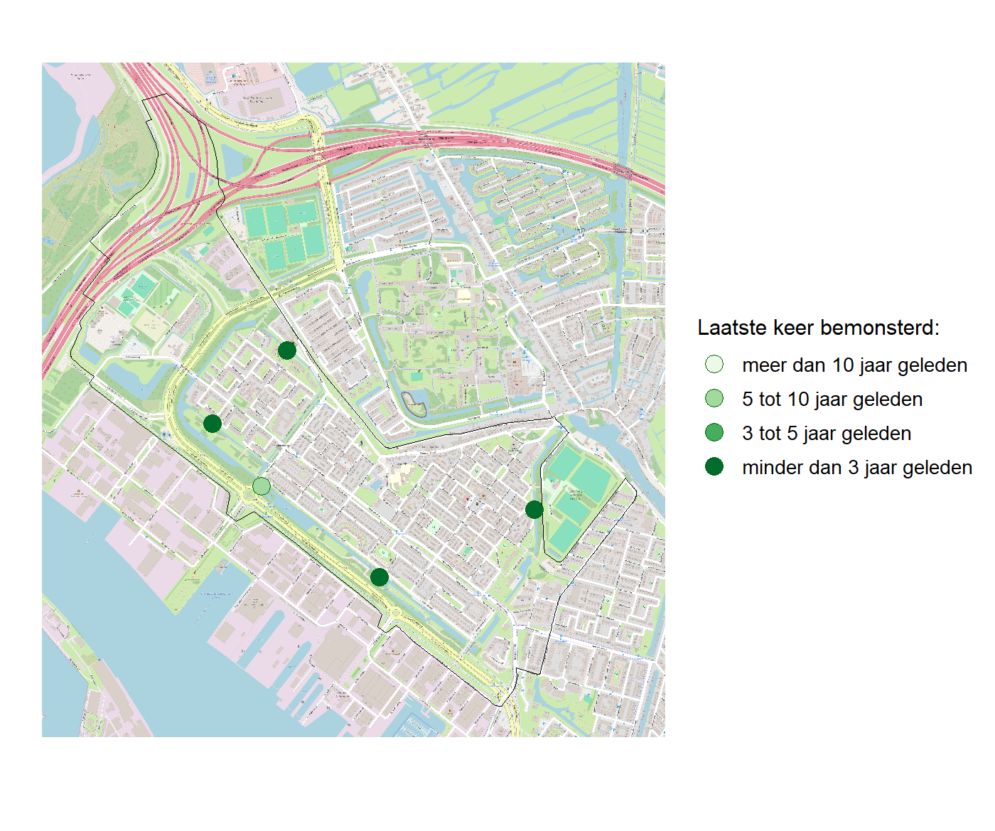 Kaart met meetlocaties waar waterplanten worden gemeten (groene stippen). Het laatste meetjaar waarin een locatie is bemonsterd is weergegeven in verschillende tinten groen.