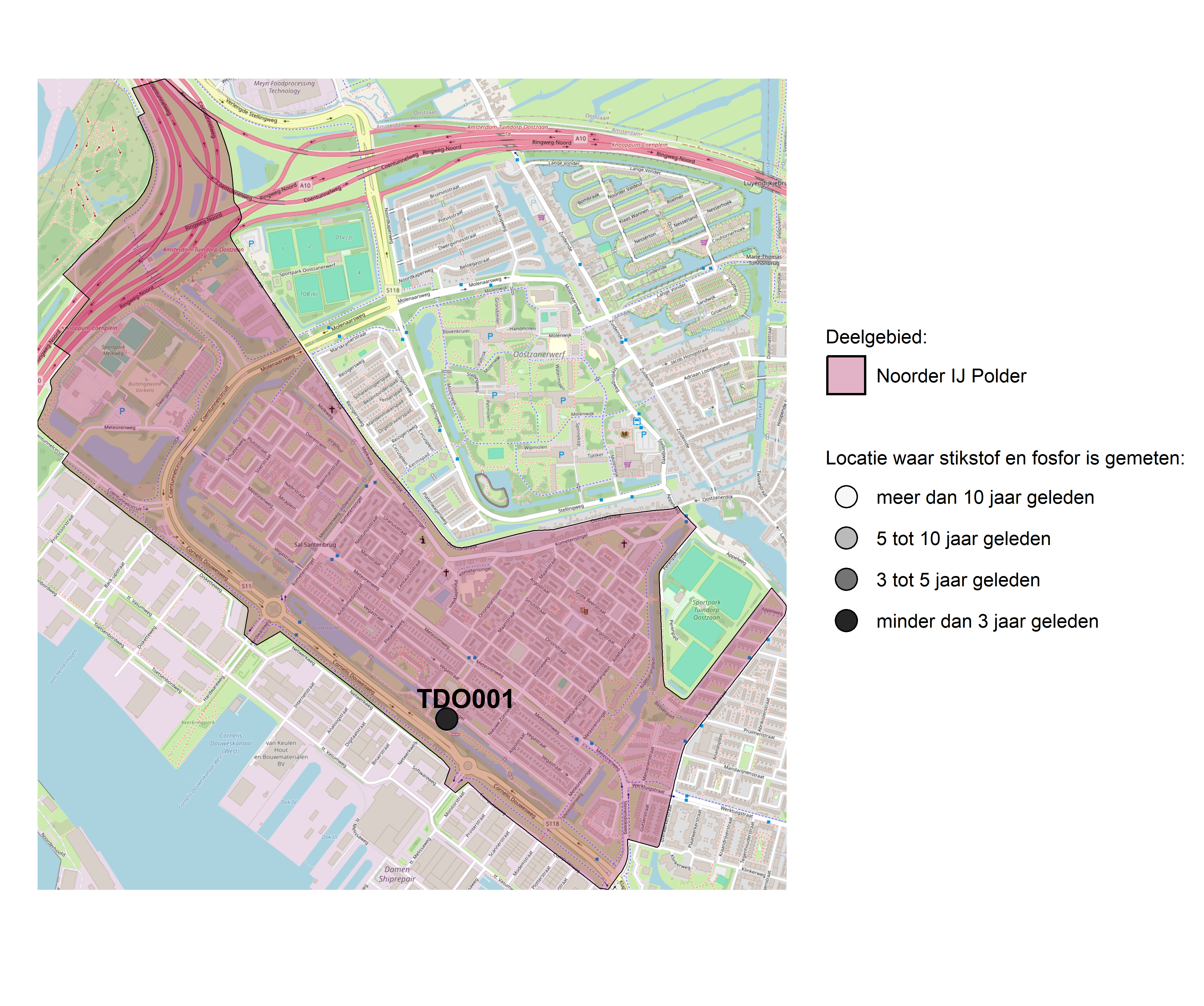 Figure 1: Kaart met meetlocaties waar stikstof en fosfor zijn gemeten. Het laatste meetjaar waarin een locatie is bemonsterd, is weergegeven in verschillende tinten grijs.