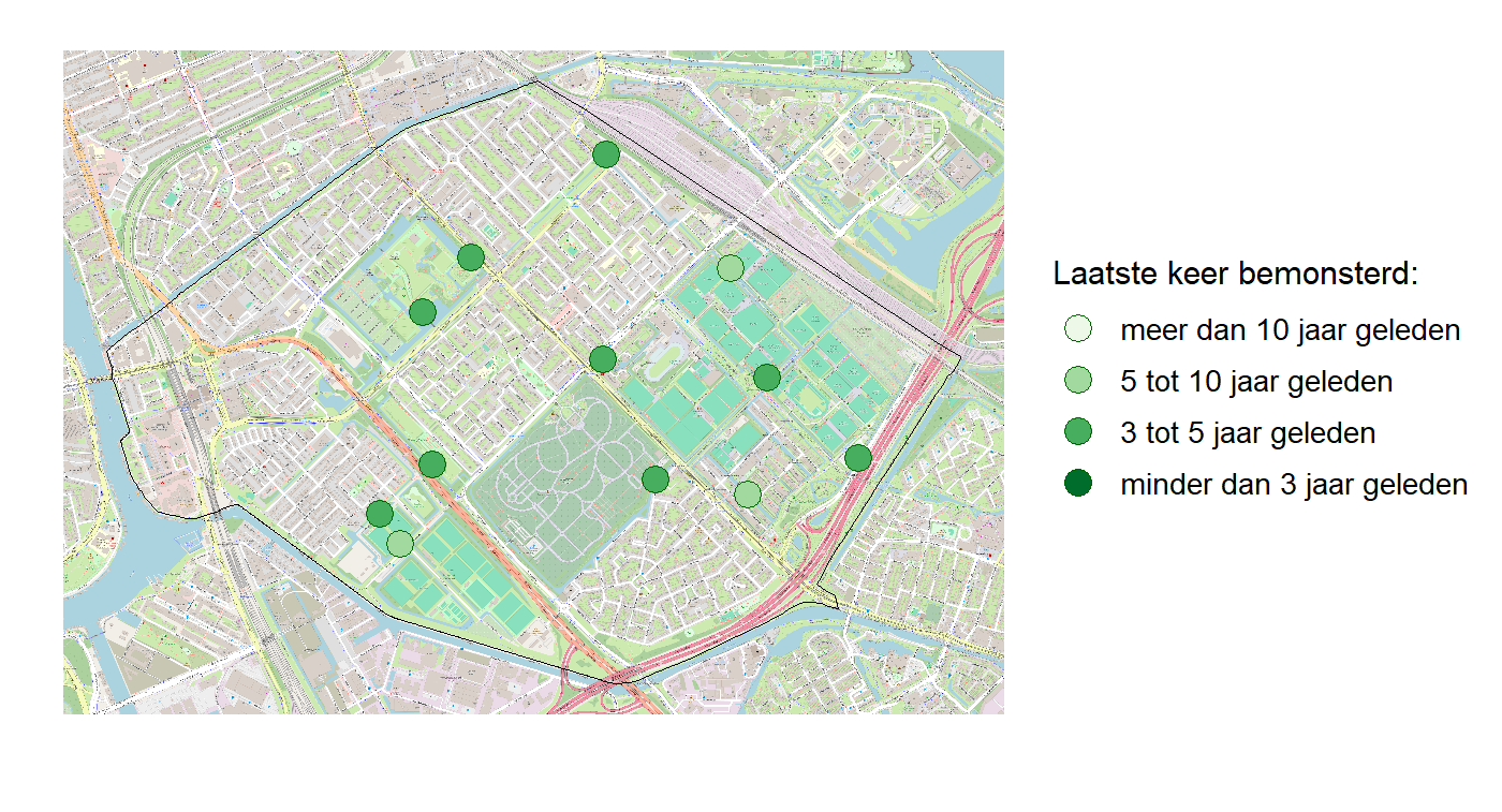 Kaart met meetlocaties waar waterplanten worden gemeten (groene stippen). Het laatste meetjaar waarin een locatie is bemonsterd is weergegeven in verschillende tinten groen.