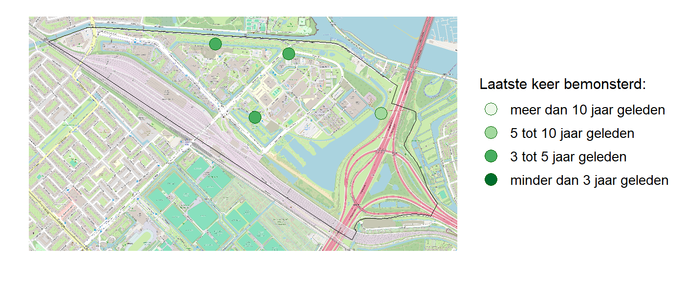 Kaart met meetlocaties waar waterplanten worden gemeten (groene stippen). Het laatste meetjaar waarin een locatie is bemonsterd is weergegeven in verschillende tinten groen.