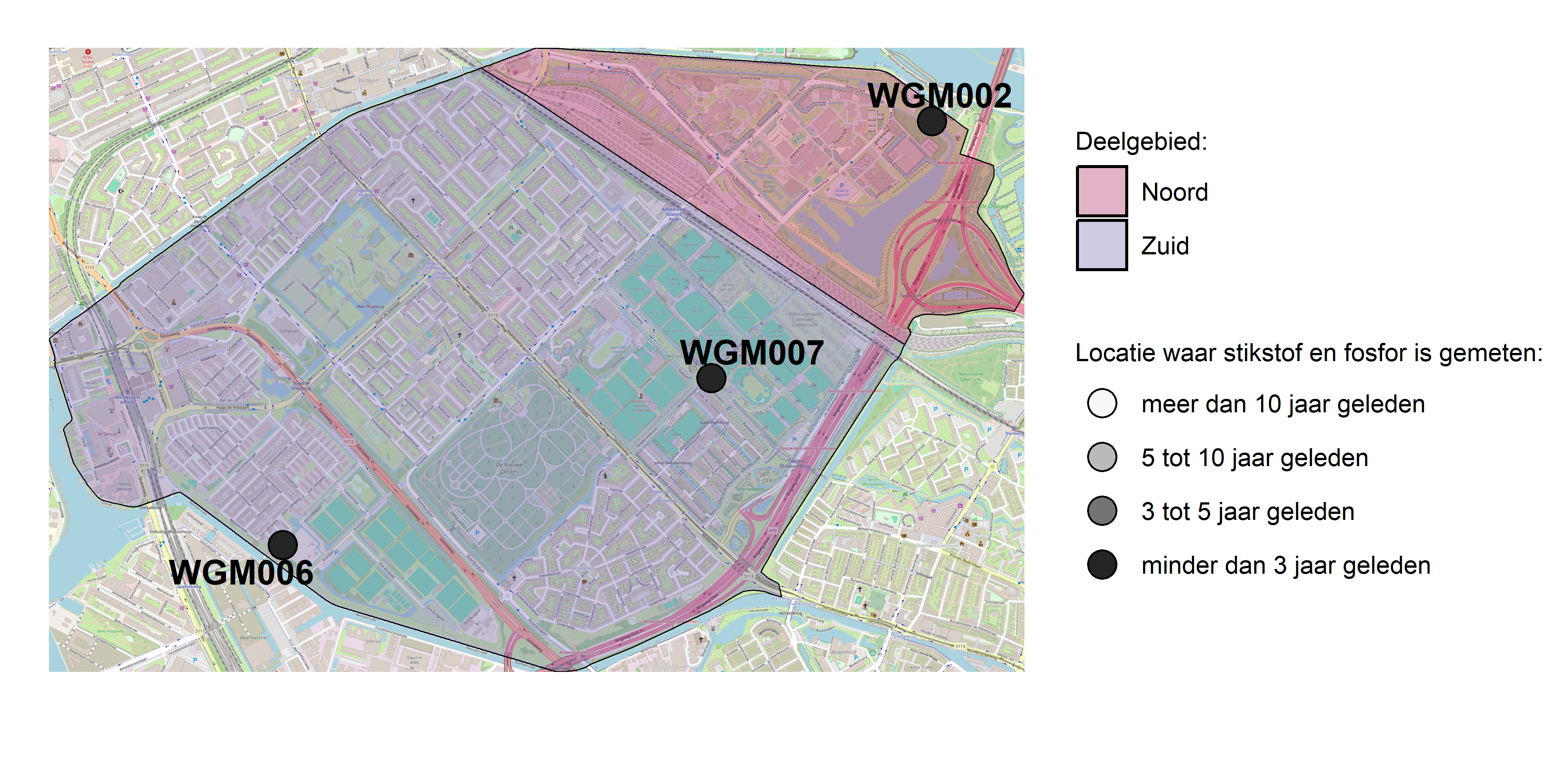 Figure 1: Kaart met meetlocaties waar stikstof en fosfor zijn gemeten. Het laatste meetjaar waarin een locatie is bemonsterd, is weergegeven in verschillende tinten grijs.