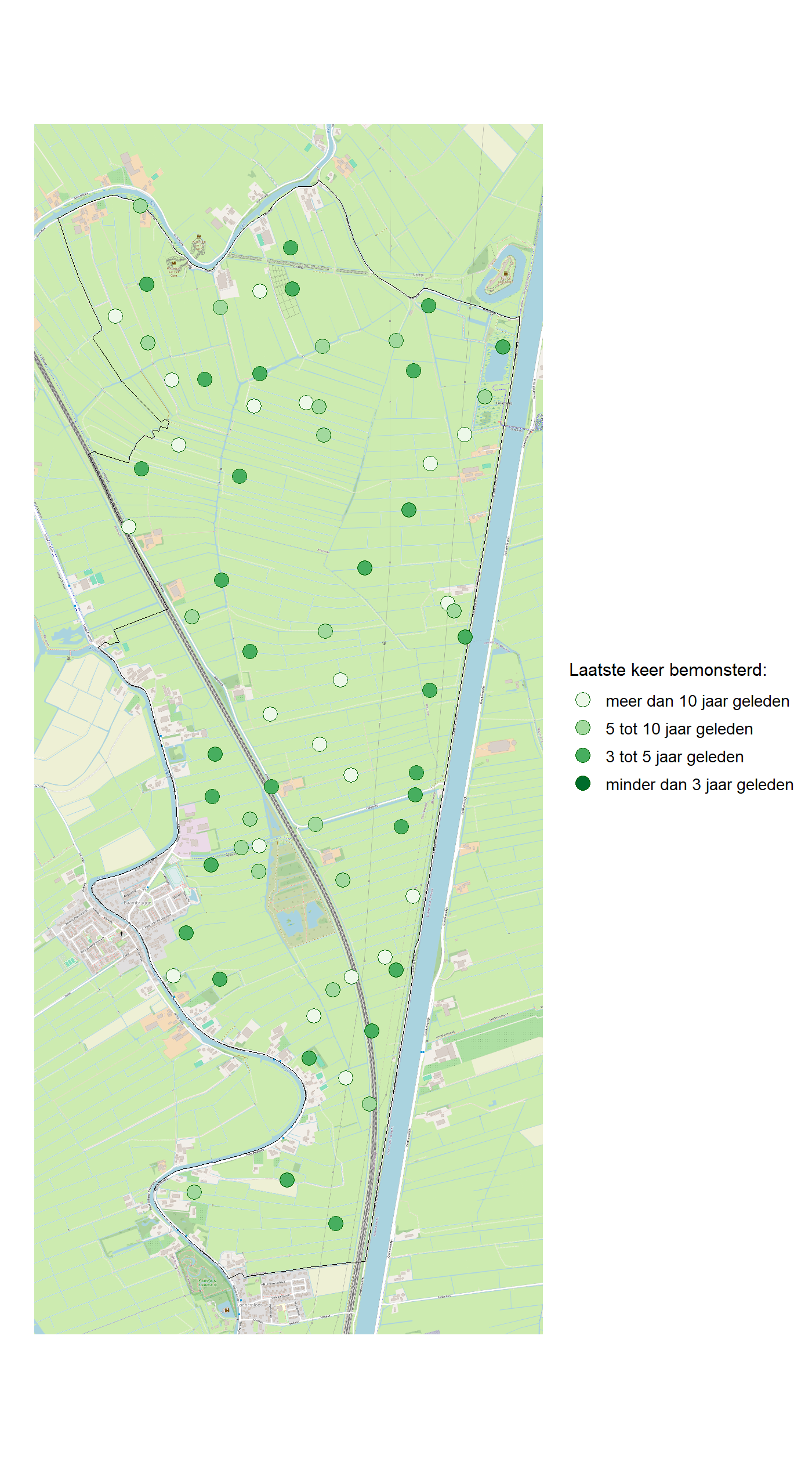 Kaart met meetlocaties waar waterplanten worden gemeten (groene stippen). Het laatste meetjaar waarin een locatie is bemonsterd is weergegeven in verschillende tinten groen.