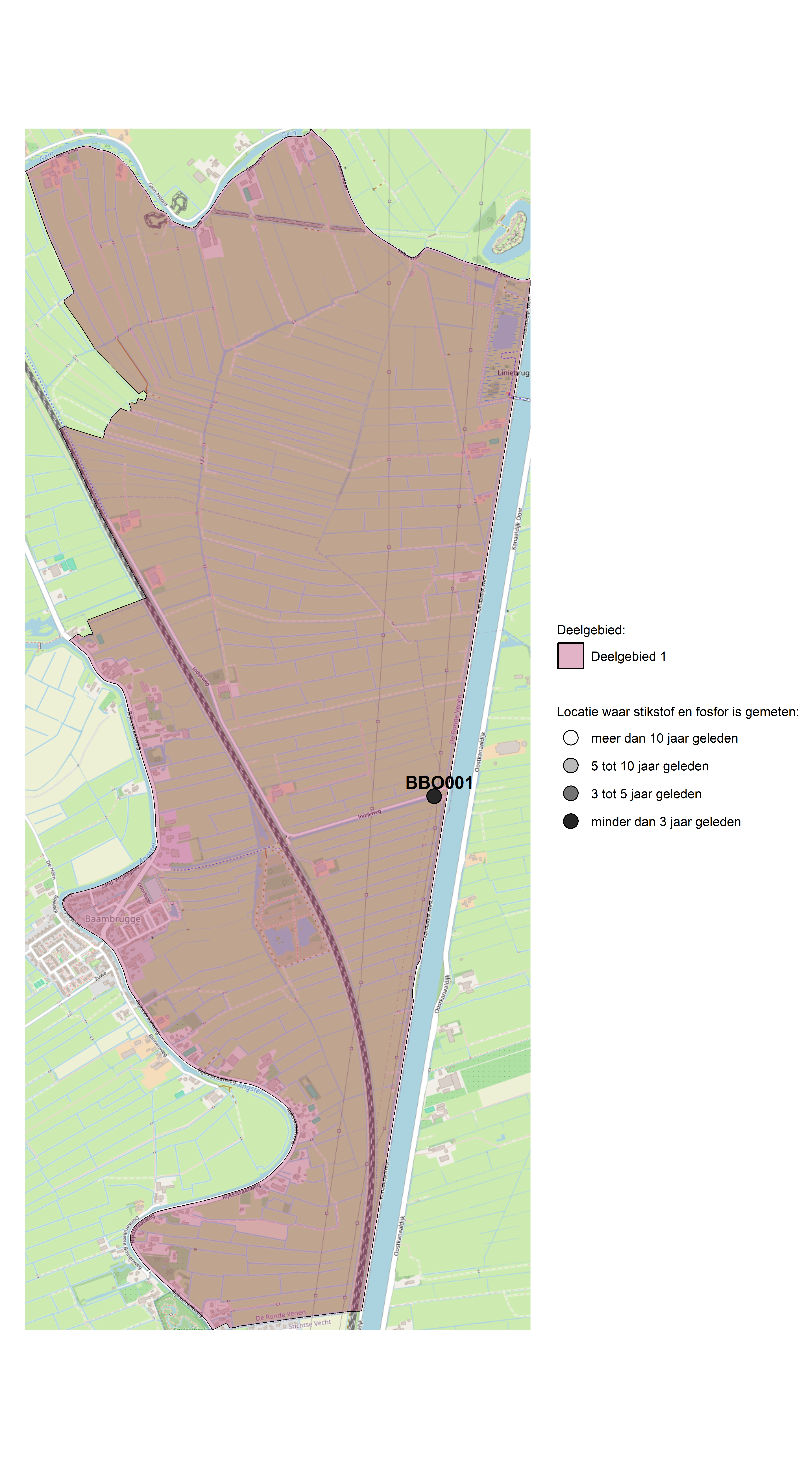 Figure 1: Kaart met meetlocaties waar stikstof en fosfor zijn gemeten. Het laatste meetjaar waarin een locatie is bemonsterd, is weergegeven in verschillende tinten grijs.