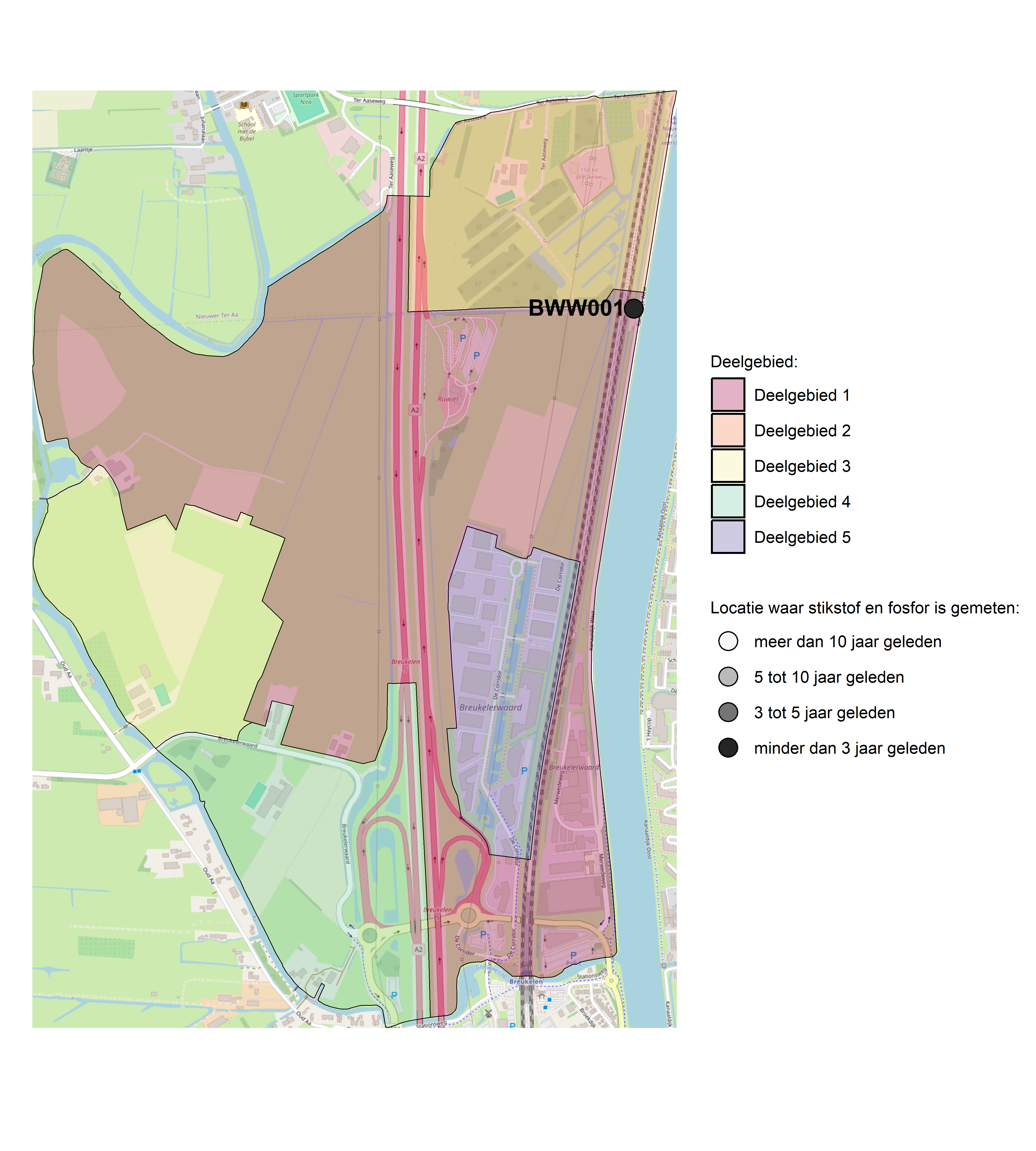 Figure 1: Kaart met meetlocaties waar stikstof en fosfor zijn gemeten. Het laatste meetjaar waarin een locatie is bemonsterd, is weergegeven in verschillende tinten grijs.