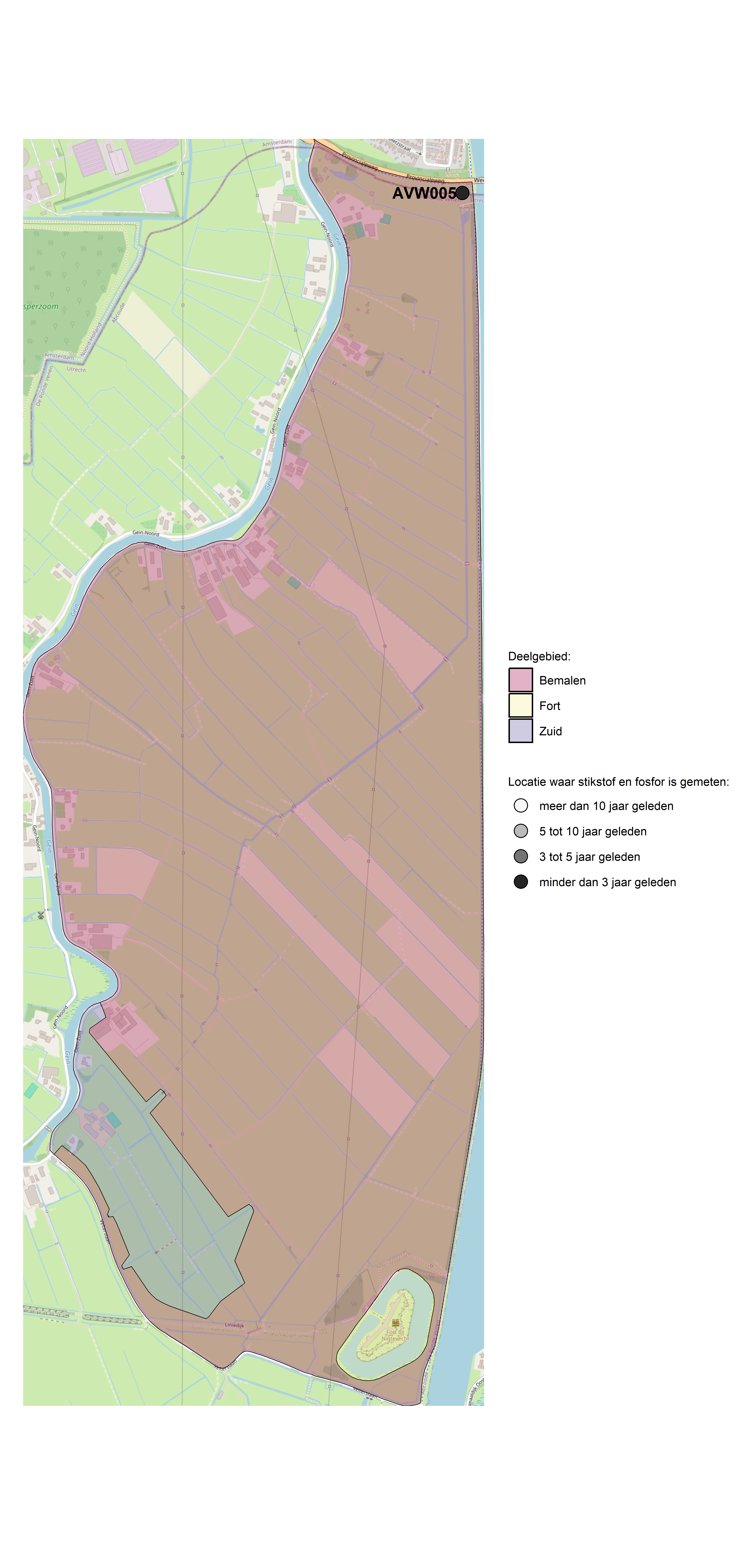 Figure 1: Kaart met meetlocaties waar stikstof en fosfor zijn gemeten. Het laatste meetjaar waarin een locatie is bemonsterd, is weergegeven in verschillende tinten grijs.