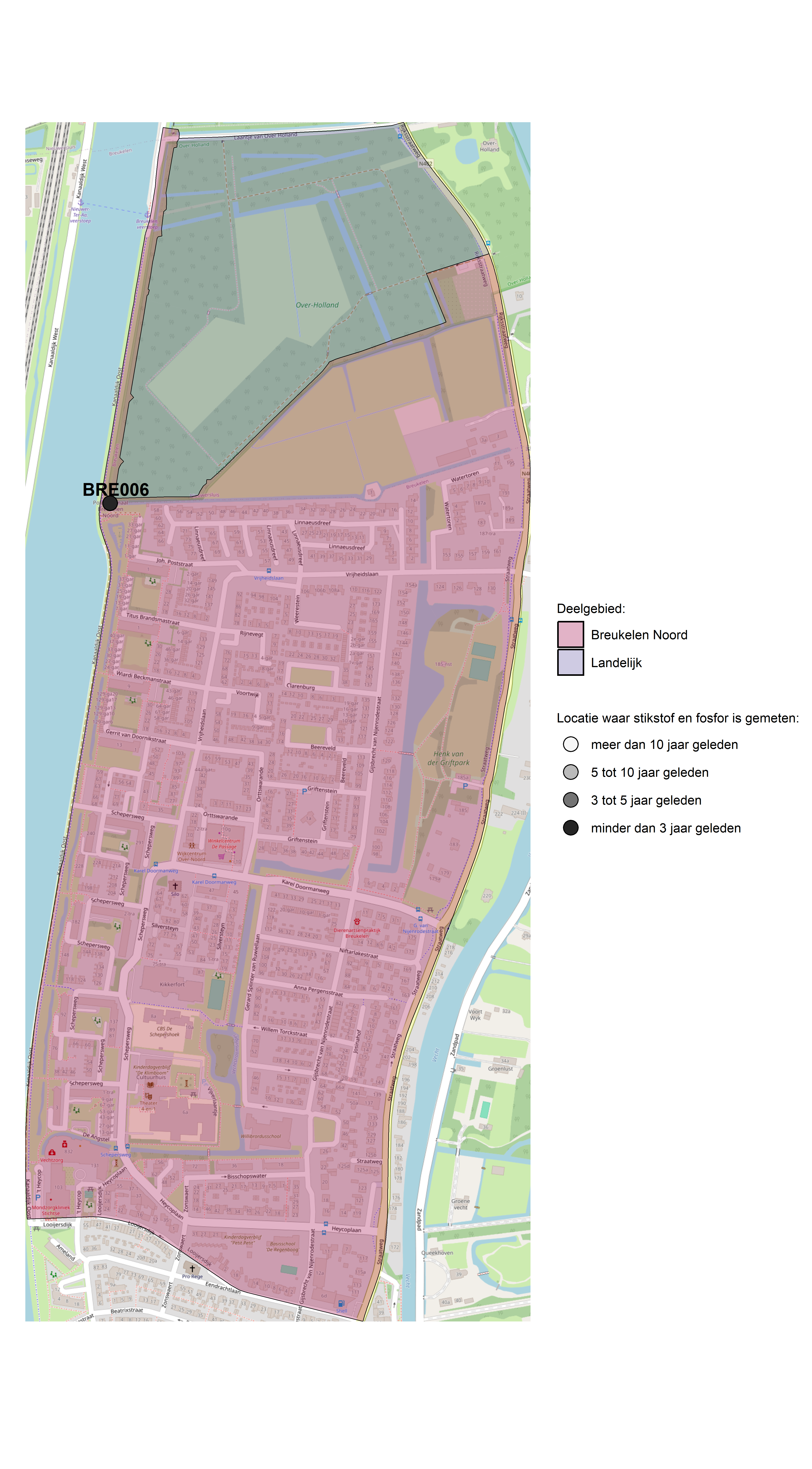 Figure 1: Kaart met meetlocaties waar stikstof en fosfor zijn gemeten. Het laatste meetjaar waarin een locatie is bemonsterd, is weergegeven in verschillende tinten grijs.