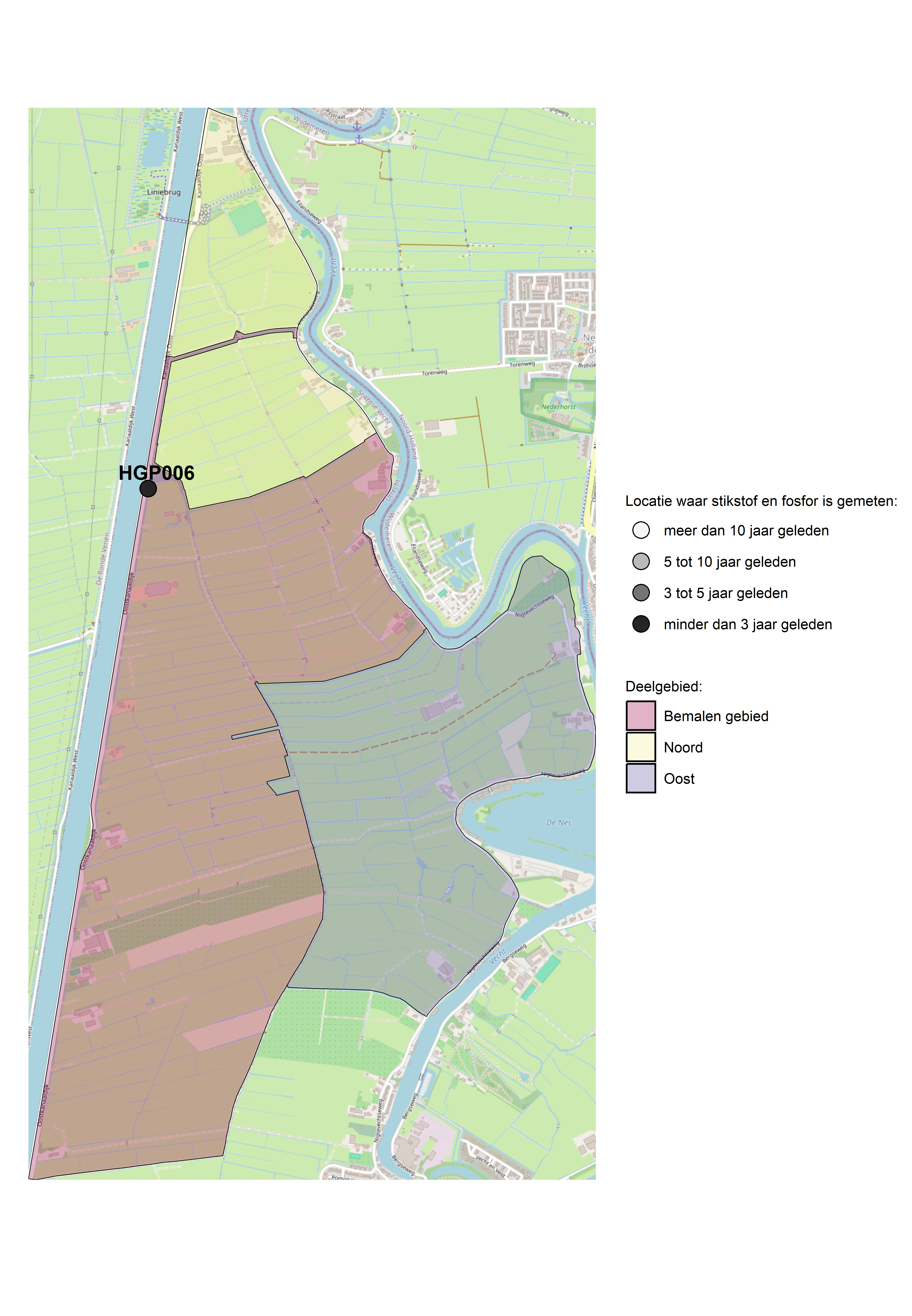 Figure 1: Kaart met meetlocaties waar stikstof en fosfor zijn gemeten. Het laatste meetjaar waarin een locatie is bemonsterd, is weergegeven in verschillende tinten grijs.