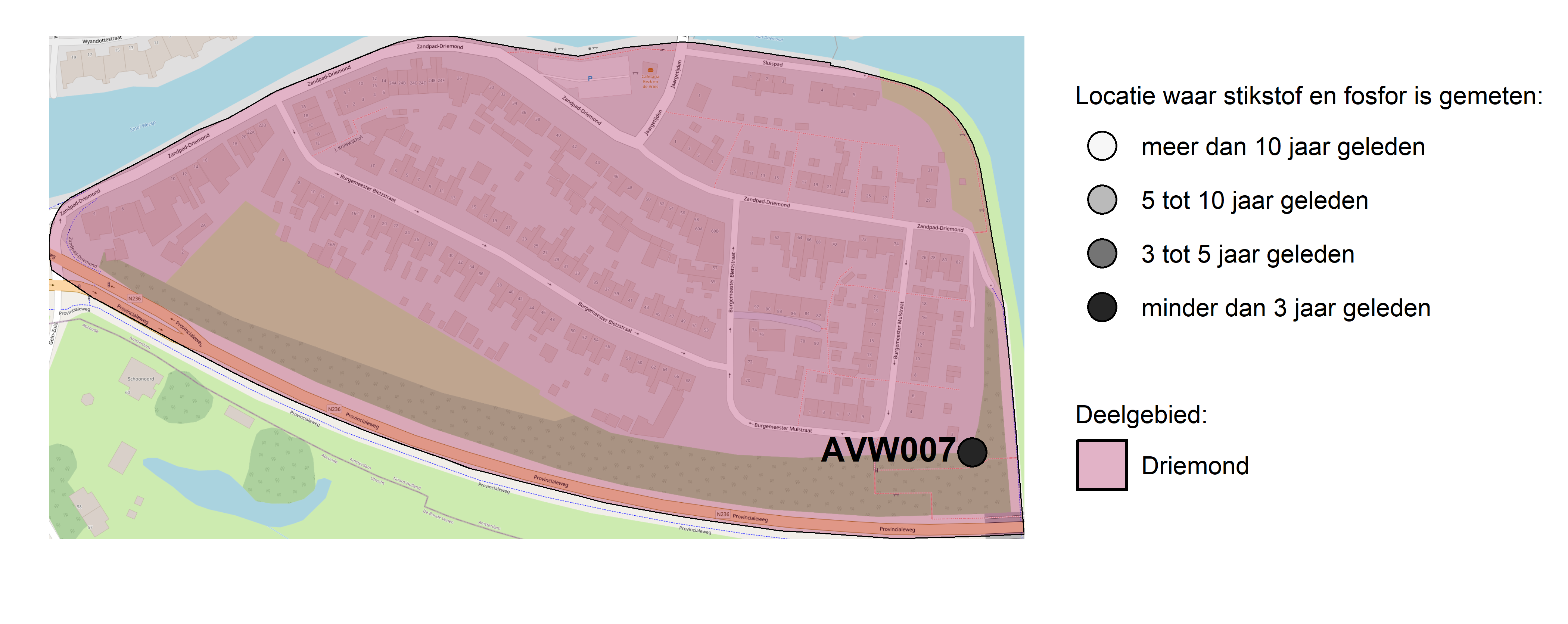 Figure 1: Kaart met meetlocaties waar stikstof en fosfor zijn gemeten. Het laatste meetjaar waarin een locatie is bemonsterd, is weergegeven in verschillende tinten grijs.