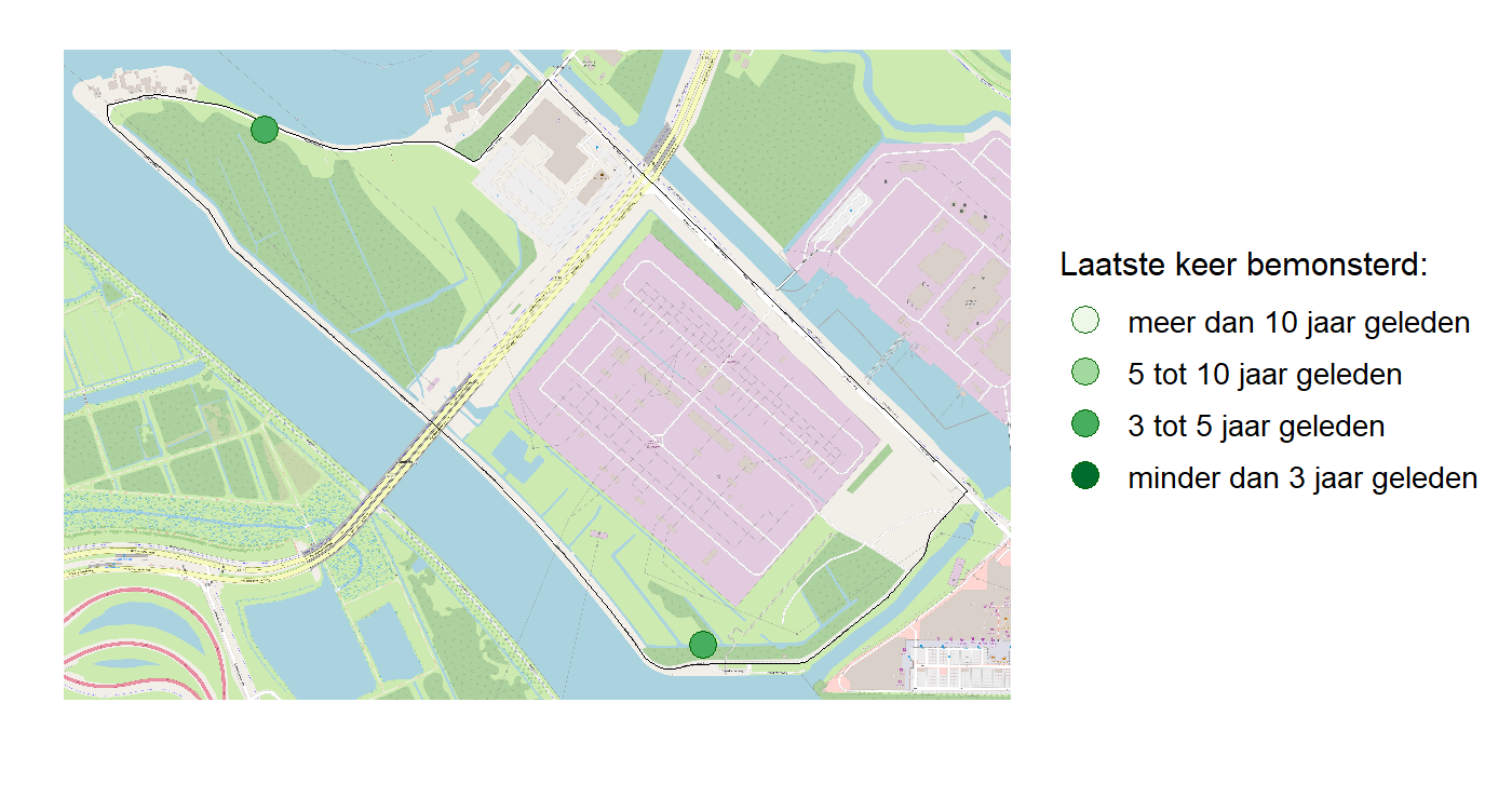 Kaart met meetlocaties waar waterplanten worden gemeten (groene stippen). Het laatste meetjaar waarin een locatie is bemonsterd is weergegeven in verschillende tinten groen.