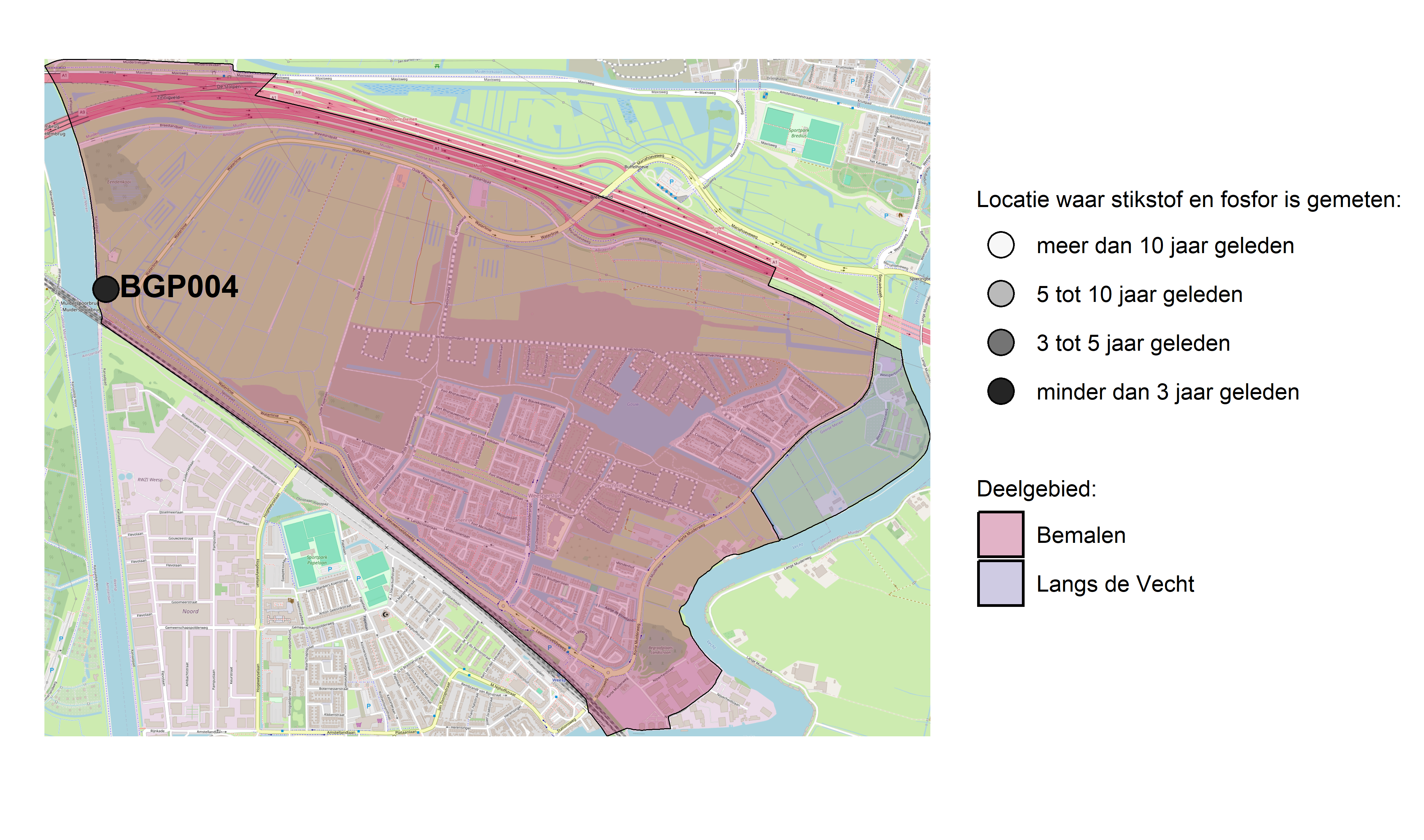 Figure 1: Kaart met meetlocaties waar stikstof en fosfor zijn gemeten. Het laatste meetjaar waarin een locatie is bemonsterd, is weergegeven in verschillende tinten grijs.