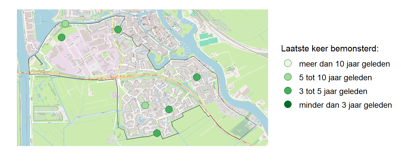 Kaart met meetlocaties waar waterplanten worden gemeten (groene stippen). Het laatste meetjaar waarin een locatie is bemonsterd is weergegeven in verschillende tinten groen.