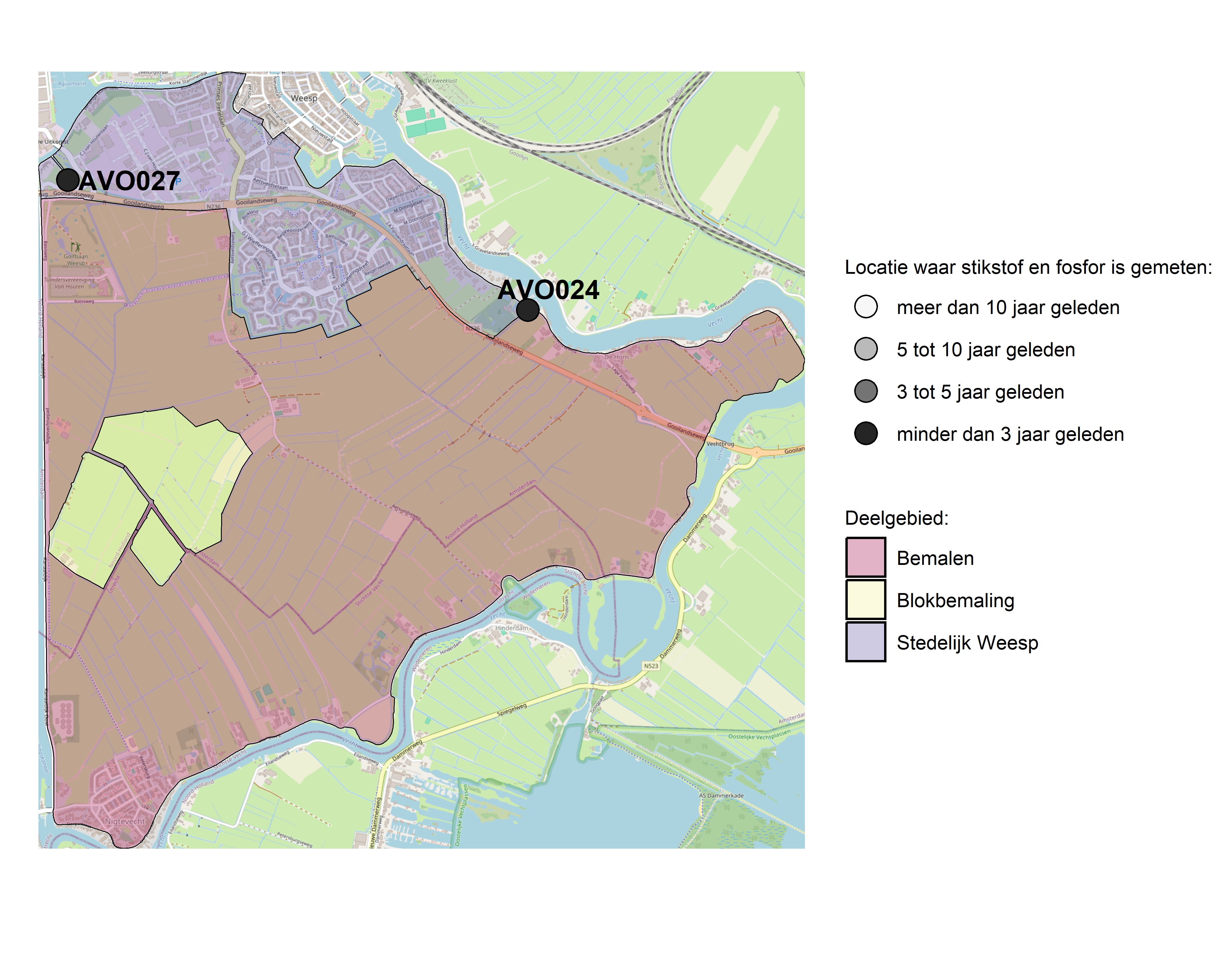 Figure 1: Kaart met meetlocaties waar stikstof en fosfor zijn gemeten. Het laatste meetjaar waarin een locatie is bemonsterd, is weergegeven in verschillende tinten grijs.