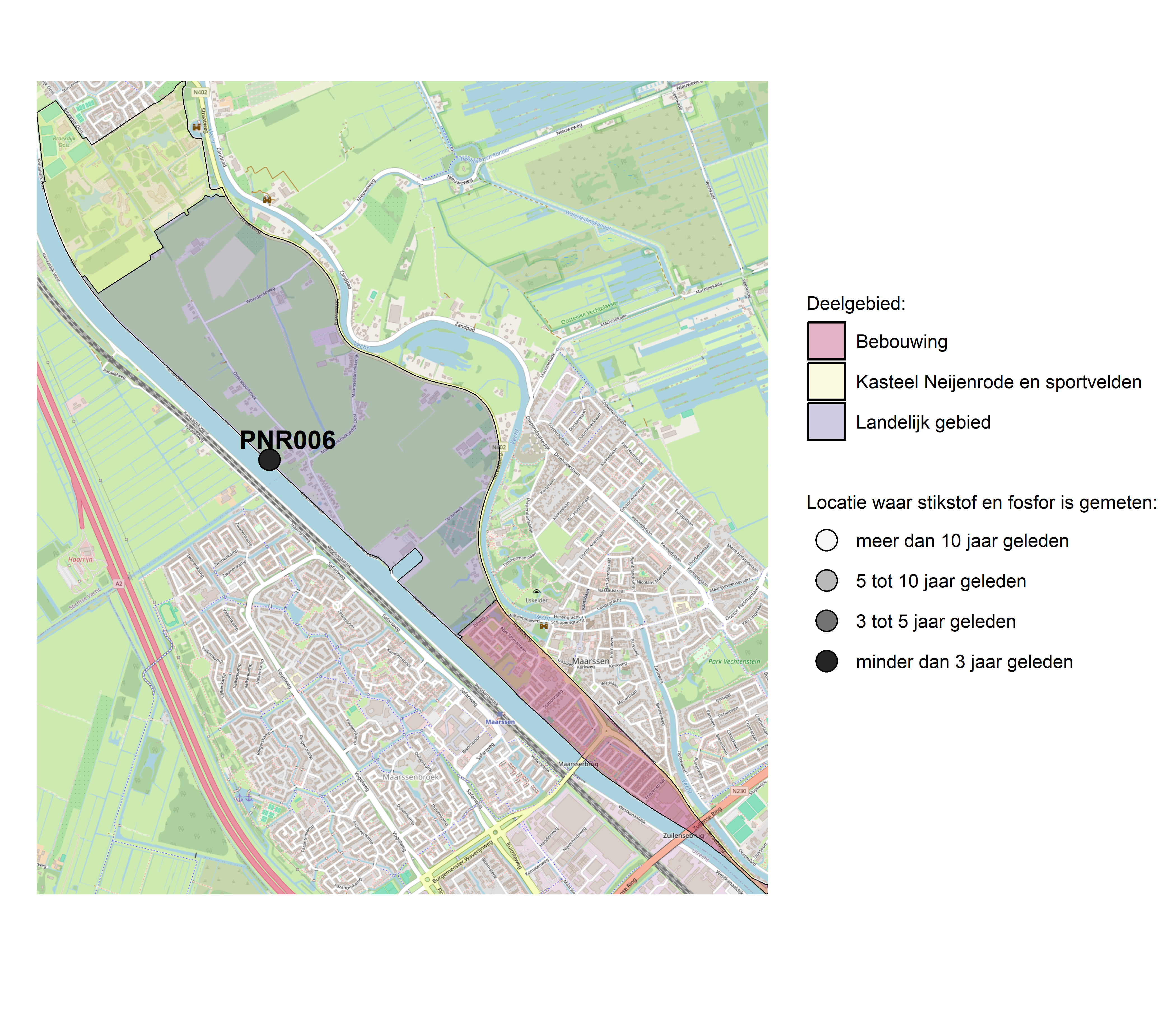 Figure 1: Kaart met meetlocaties waar stikstof en fosfor zijn gemeten. Het laatste meetjaar waarin een locatie is bemonsterd, is weergegeven in verschillende tinten grijs.