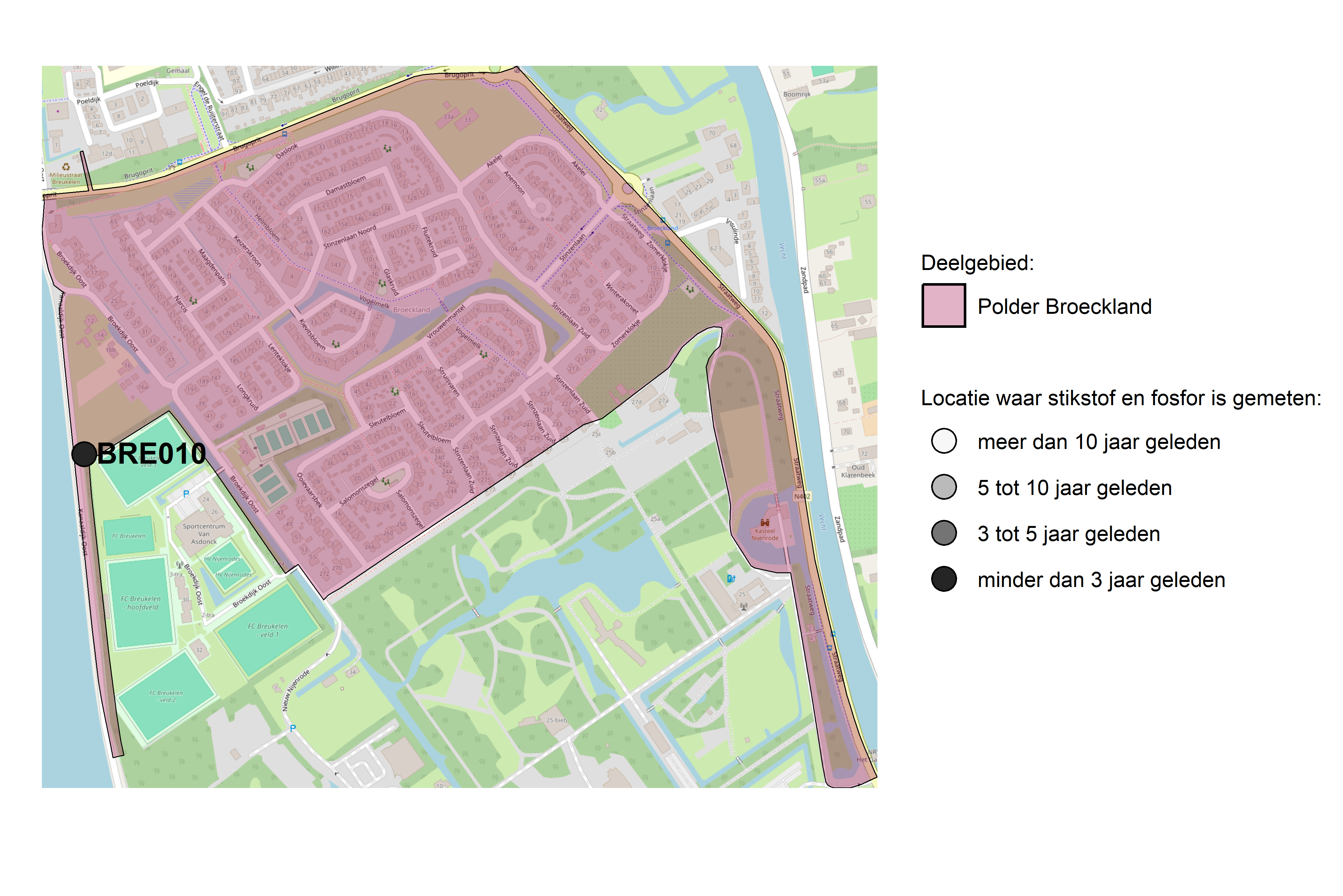 Figure 1: Kaart met meetlocaties waar stikstof en fosfor zijn gemeten. Het laatste meetjaar waarin een locatie is bemonsterd, is weergegeven in verschillende tinten grijs.