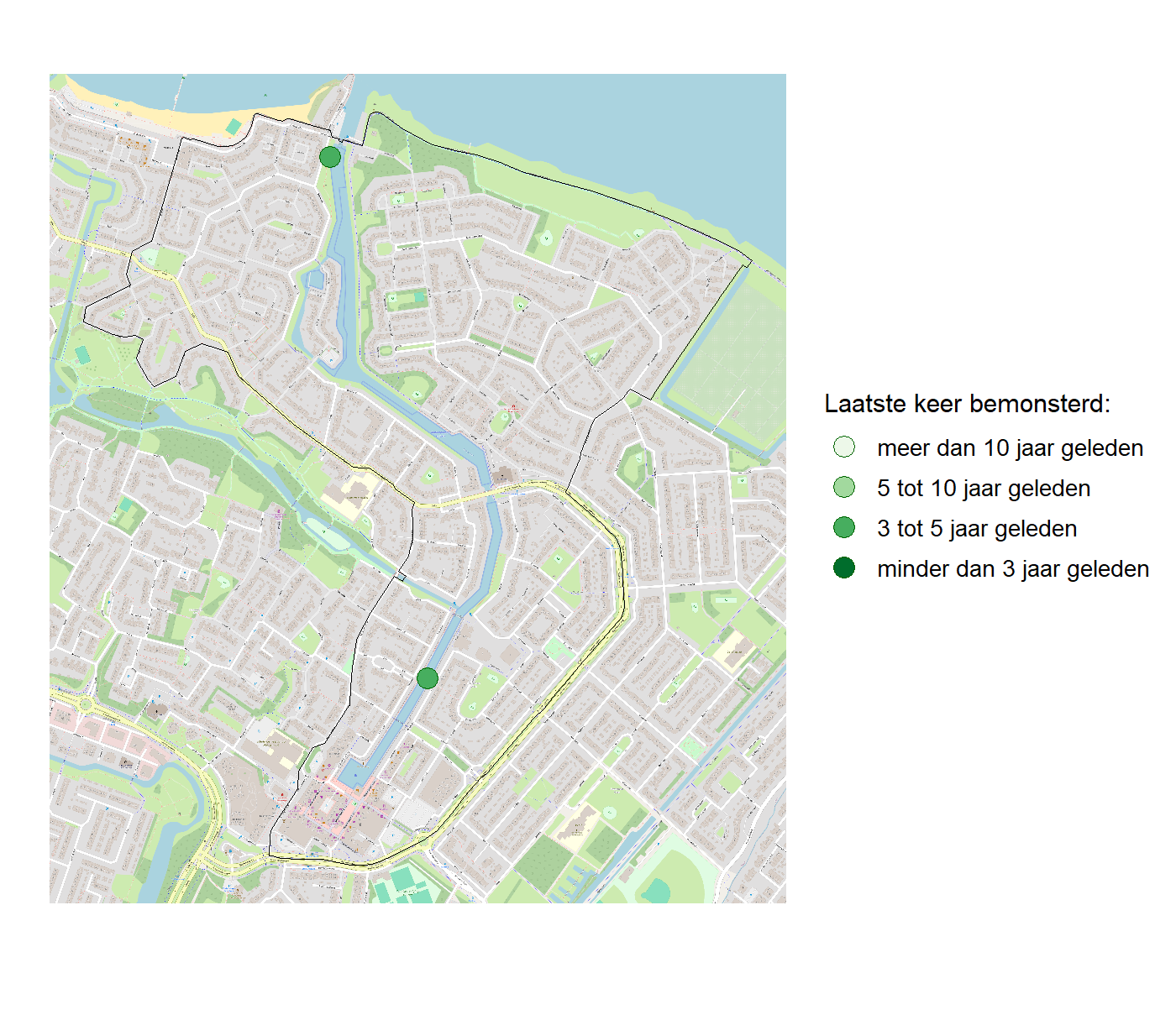 Kaart met meetlocaties waar waterplanten worden gemeten (groene stippen). Het laatste meetjaar waarin een locatie is bemonsterd is weergegeven in verschillende tinten groen.