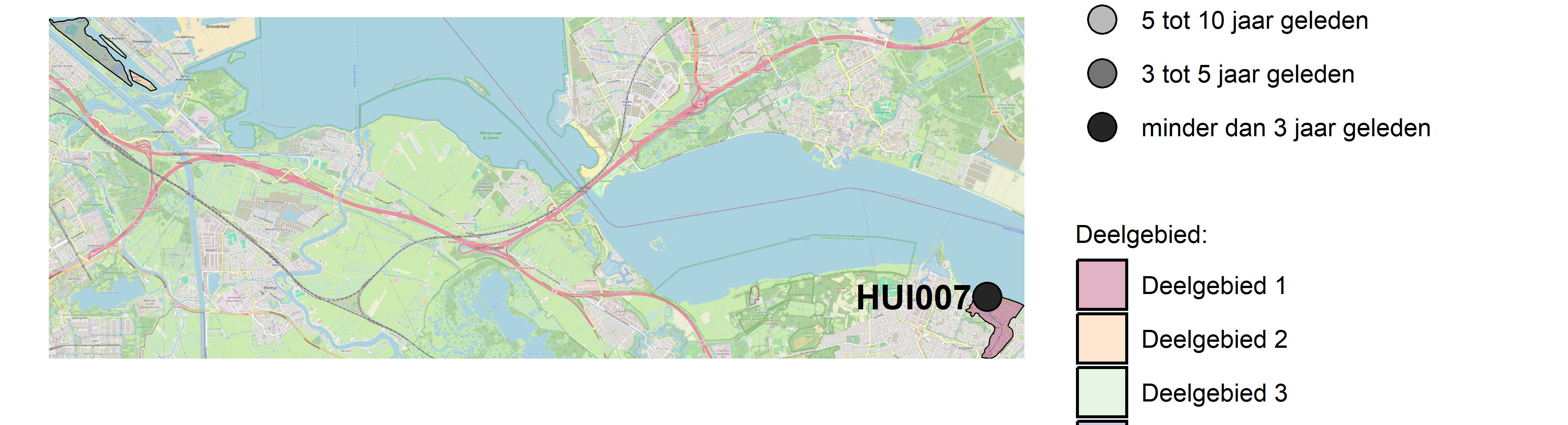 Figure 1: Kaart met meetlocaties waar stikstof en fosfor zijn gemeten. Het laatste meetjaar waarin een locatie is bemonsterd, is weergegeven in verschillende tinten grijs.