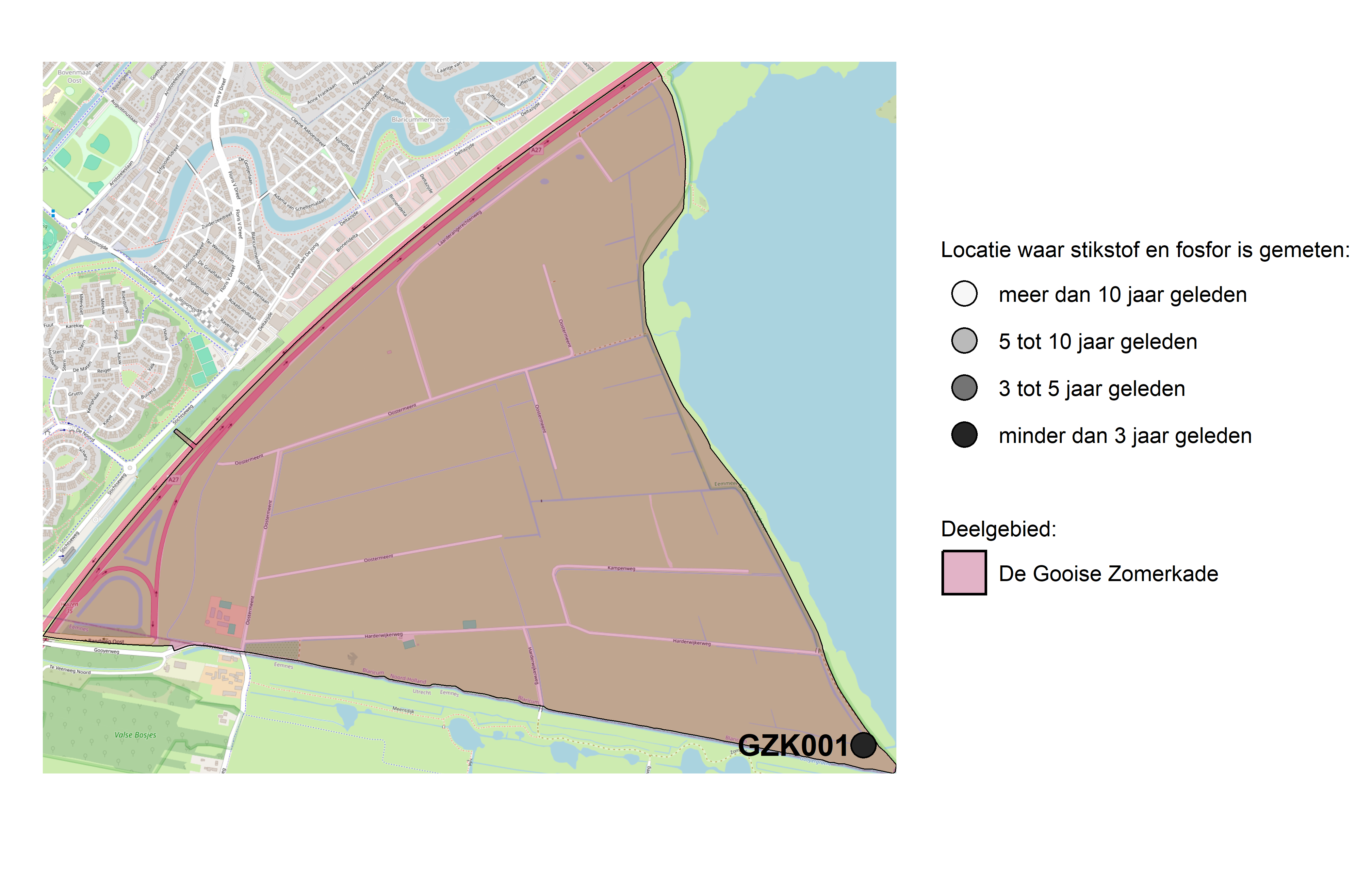 Figure 1: Kaart met meetlocaties waar stikstof en fosfor zijn gemeten. Het laatste meetjaar waarin een locatie is bemonsterd, is weergegeven in verschillende tinten grijs.