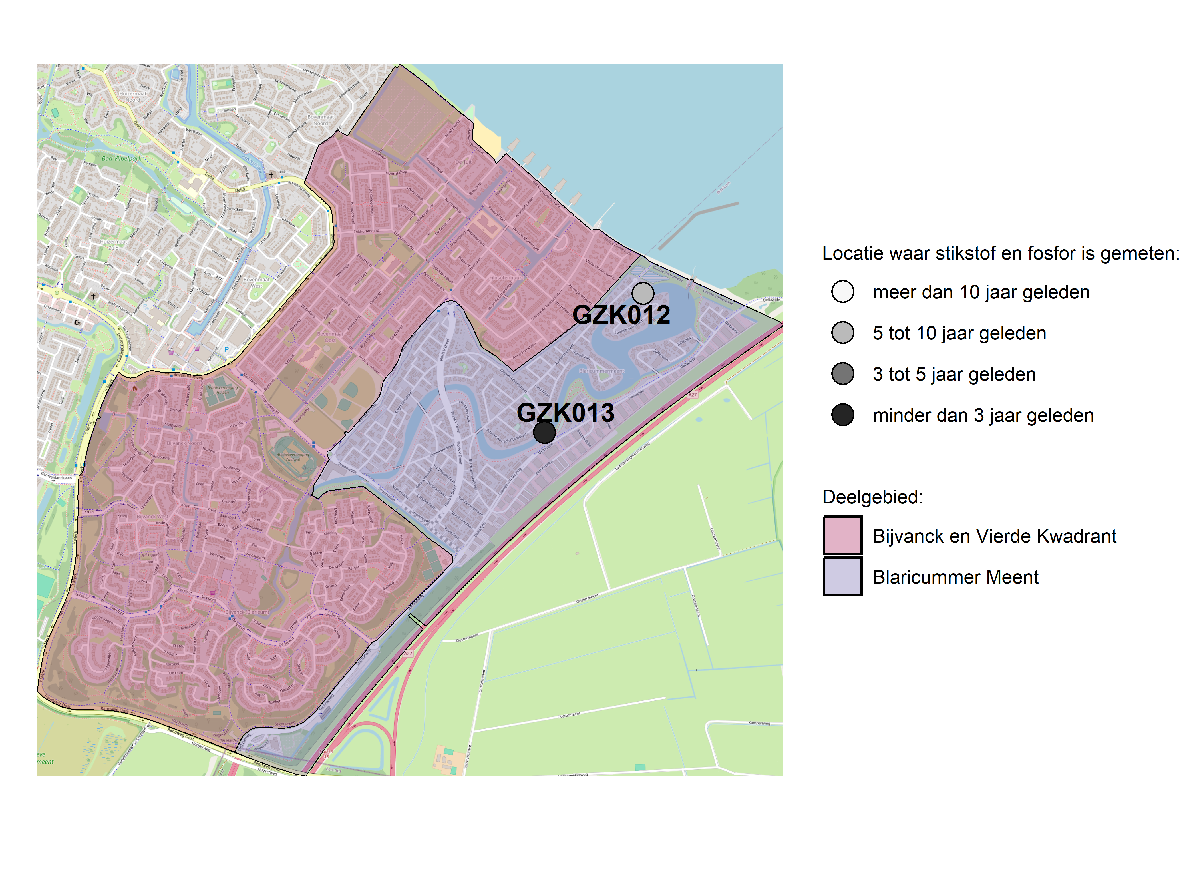 Figure 1: Kaart met meetlocaties waar stikstof en fosfor zijn gemeten. Het laatste meetjaar waarin een locatie is bemonsterd, is weergegeven in verschillende tinten grijs.