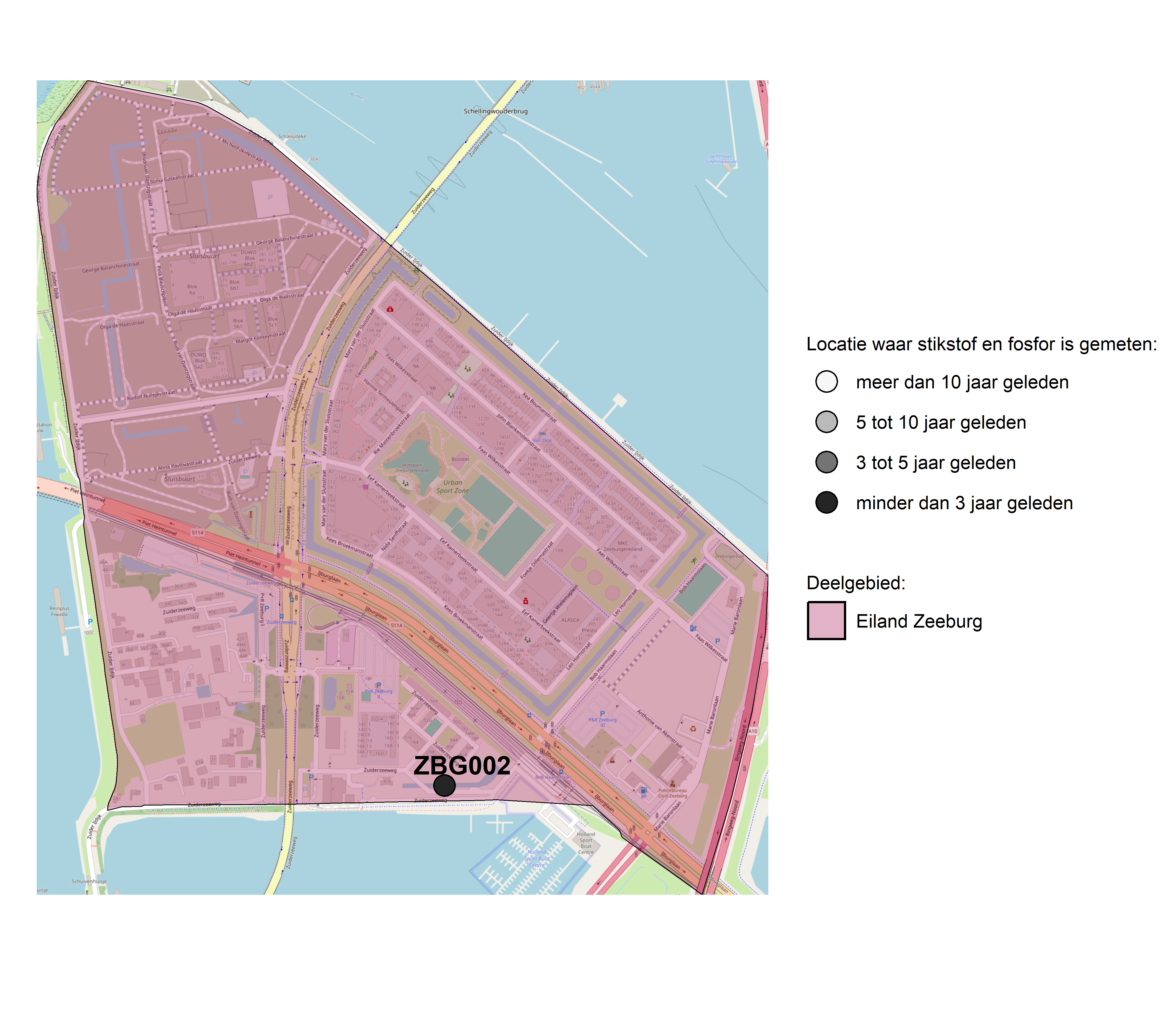 Figure 1: Kaart met meetlocaties waar stikstof en fosfor zijn gemeten. Het laatste meetjaar waarin een locatie is bemonsterd, is weergegeven in verschillende tinten grijs.