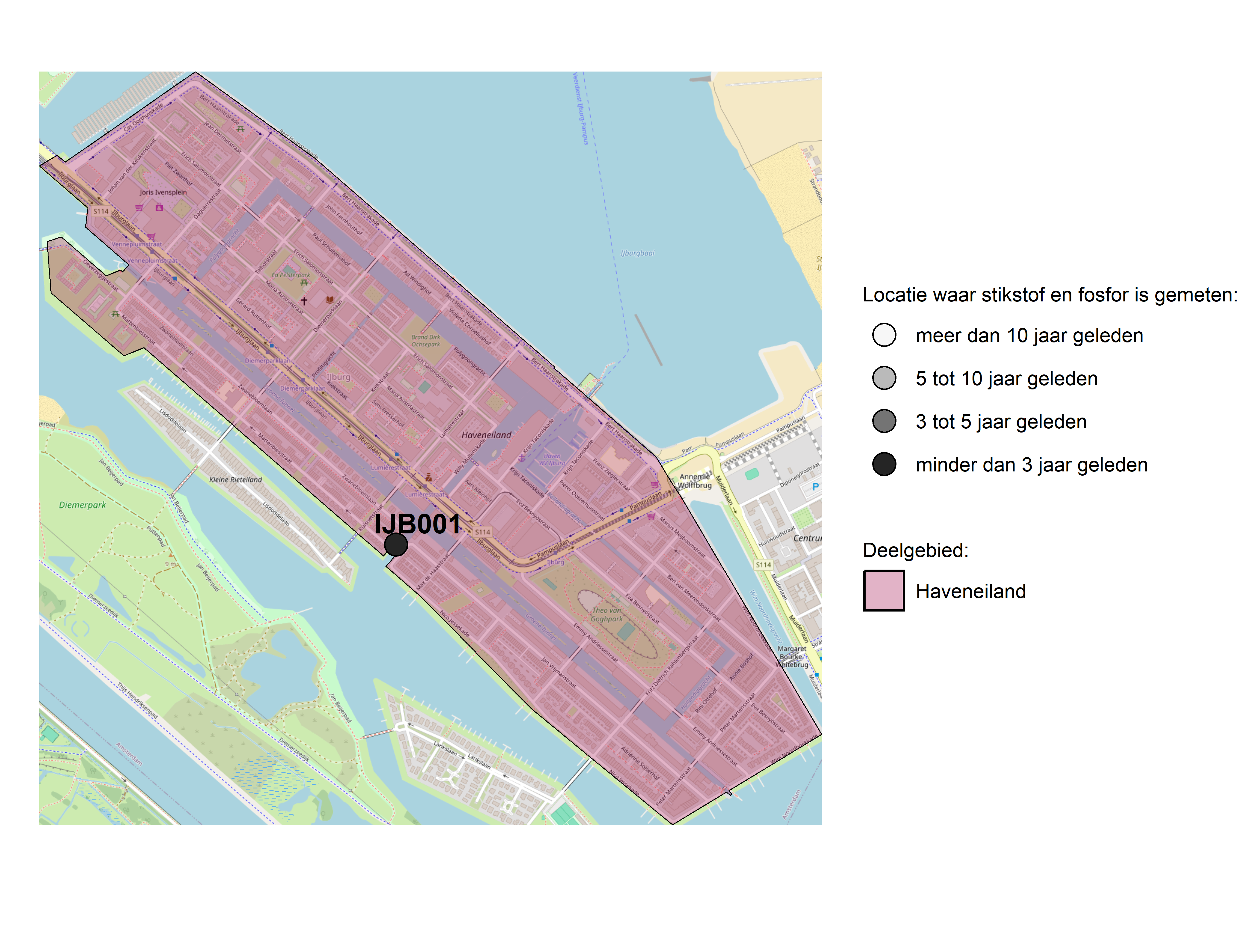 Figure 1: Kaart met meetlocaties waar stikstof en fosfor zijn gemeten. Het laatste meetjaar waarin een locatie is bemonsterd, is weergegeven in verschillende tinten grijs.