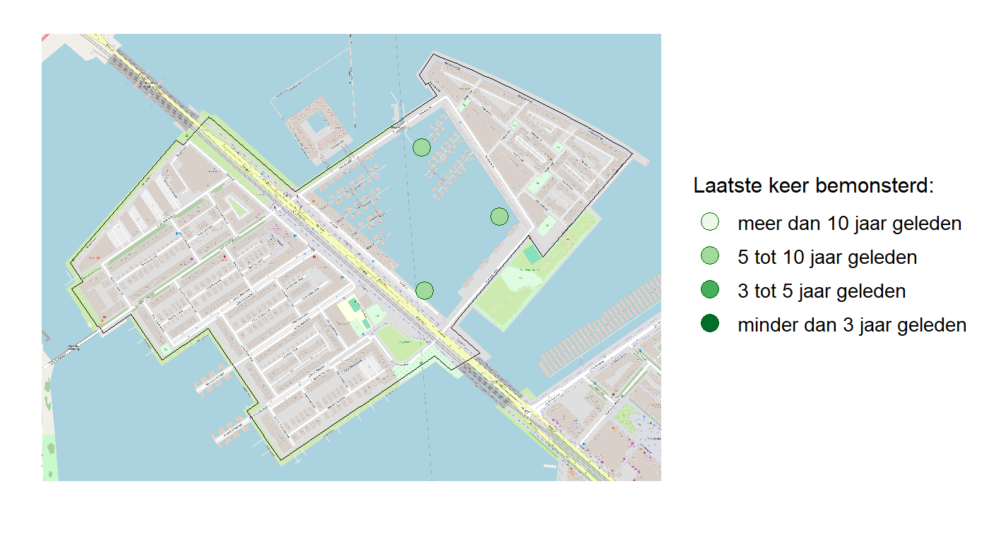 Kaart met meetlocaties waar waterplanten worden gemeten (groene stippen). Het laatste meetjaar waarin een locatie is bemonsterd is weergegeven in verschillende tinten groen.