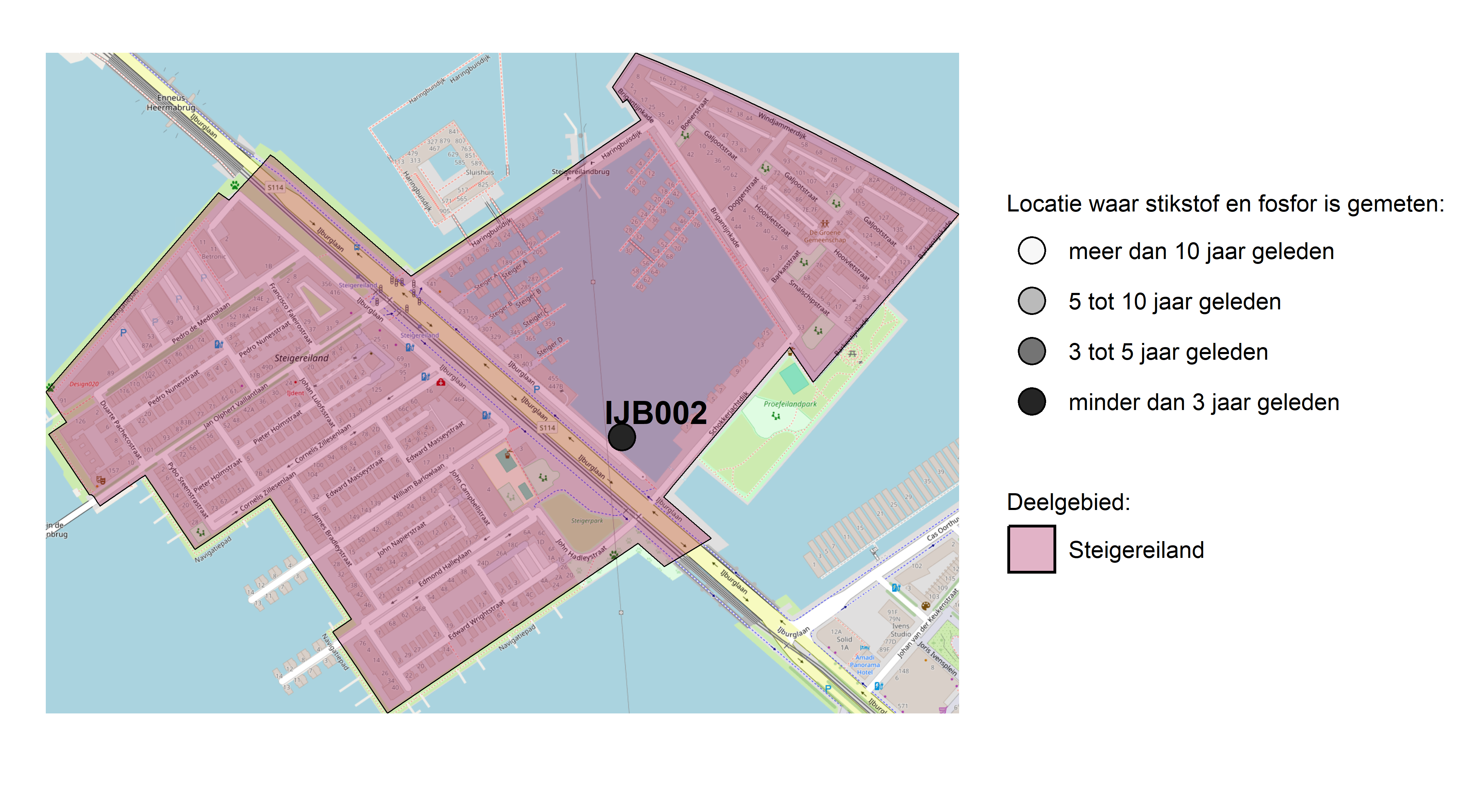 Figure 1: Kaart met meetlocaties waar stikstof en fosfor zijn gemeten. Het laatste meetjaar waarin een locatie is bemonsterd, is weergegeven in verschillende tinten grijs.