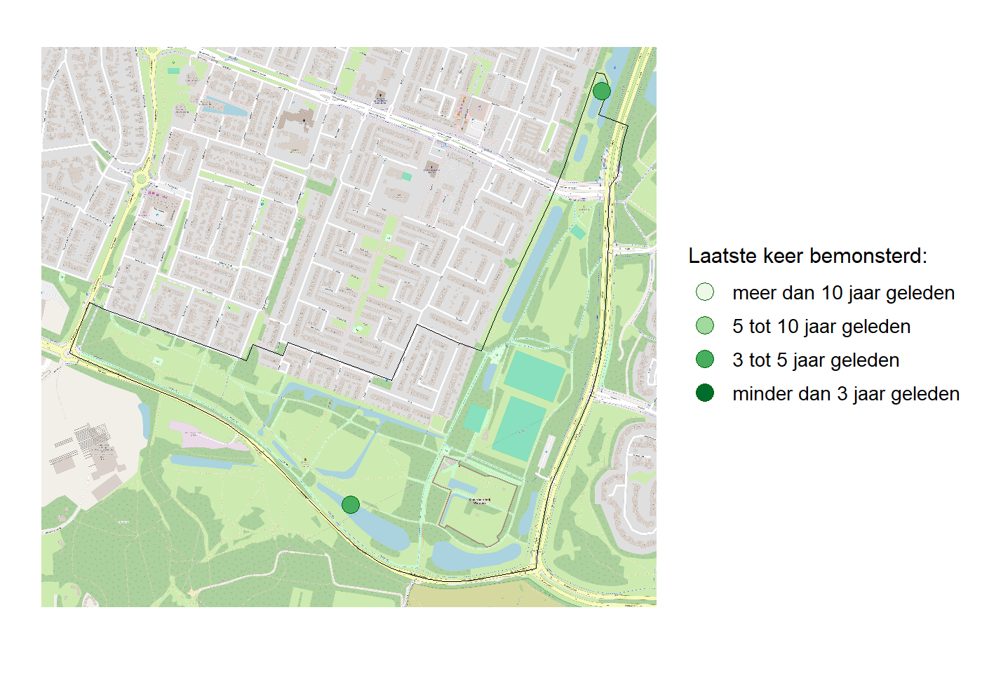 Kaart met meetlocaties waar waterplanten worden gemeten (groene stippen). Het laatste meetjaar waarin een locatie is bemonsterd is weergegeven in verschillende tinten groen.