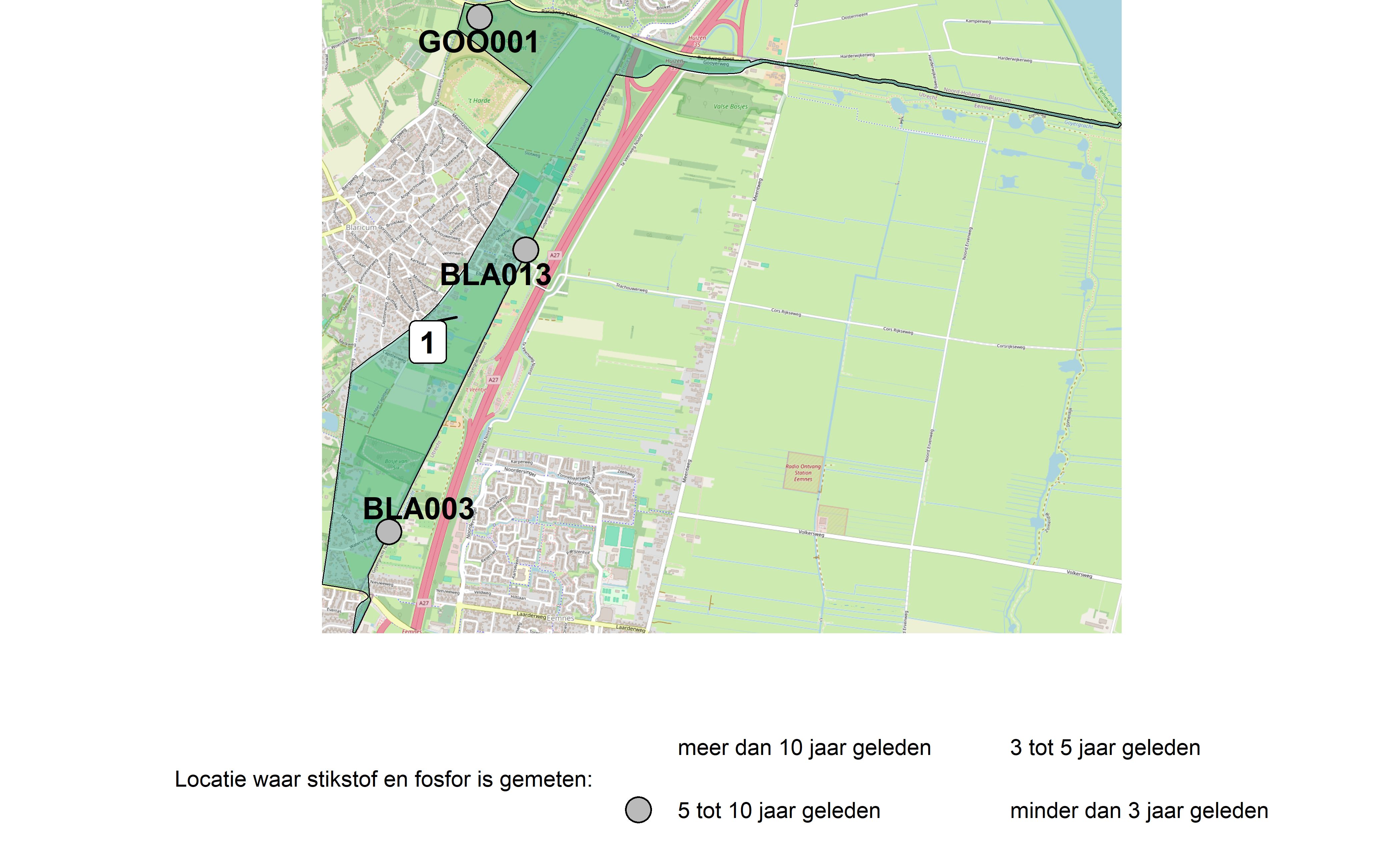 Figure 1: Kaart met meetlocaties waar stikstof en fosfor zijn gemeten. Het laatste meetjaar waarin een locatie is bemonsterd, is weergegeven in verschillende tinten grijs.