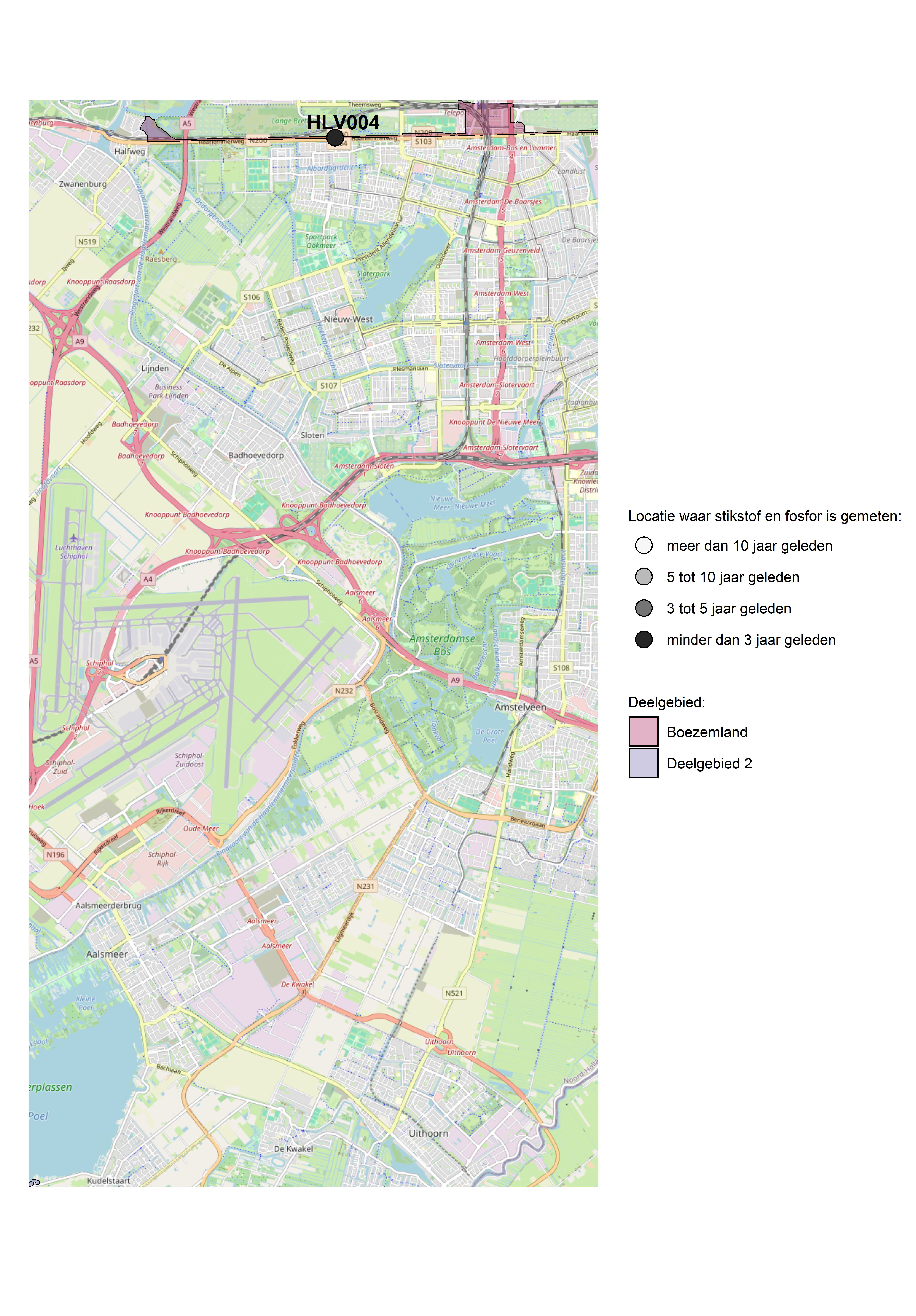 Figure 1: Kaart met meetlocaties waar stikstof en fosfor zijn gemeten. Het laatste meetjaar waarin een locatie is bemonsterd, is weergegeven in verschillende tinten grijs.