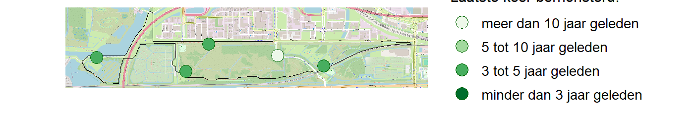 Kaart met meetlocaties waar waterplanten worden gemeten (groene stippen). Het laatste meetjaar waarin een locatie is bemonsterd is weergegeven in verschillende tinten groen.