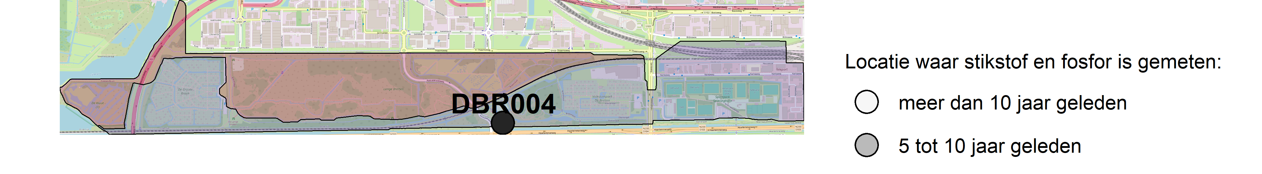 Figure 1: Kaart met meetlocaties waar stikstof en fosfor zijn gemeten. Het laatste meetjaar waarin een locatie is bemonsterd, is weergegeven in verschillende tinten grijs.