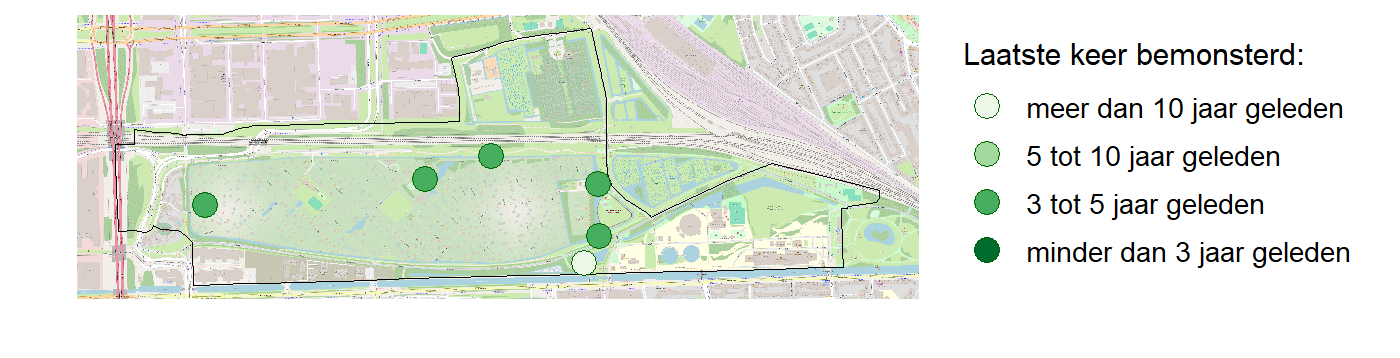 Kaart met meetlocaties waar waterplanten worden gemeten (groene stippen). Het laatste meetjaar waarin een locatie is bemonsterd is weergegeven in verschillende tinten groen.