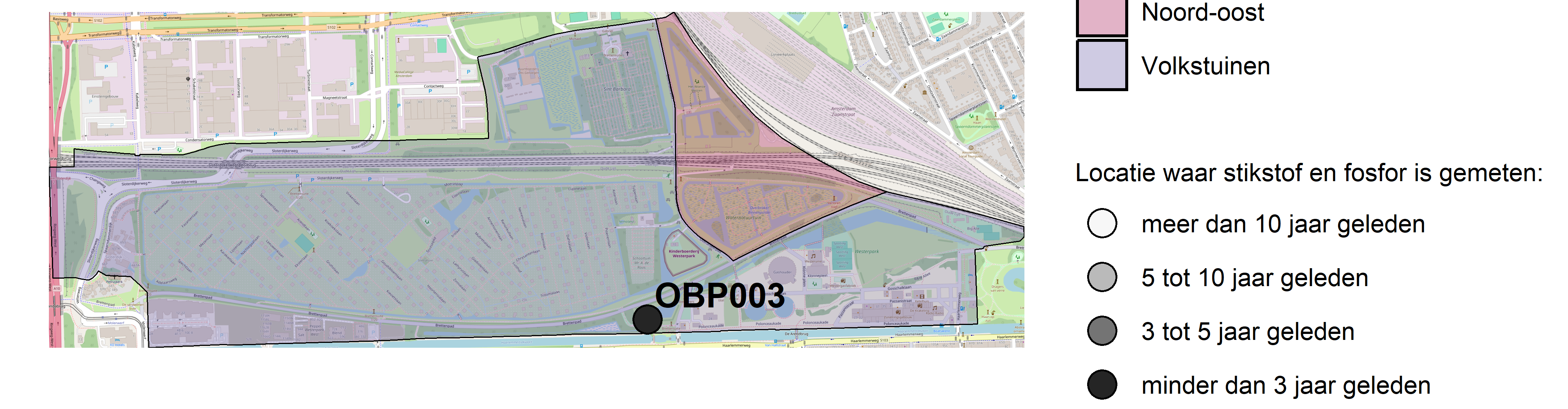 Figure 1: Kaart met meetlocaties waar stikstof en fosfor zijn gemeten. Het laatste meetjaar waarin een locatie is bemonsterd, is weergegeven in verschillende tinten grijs.