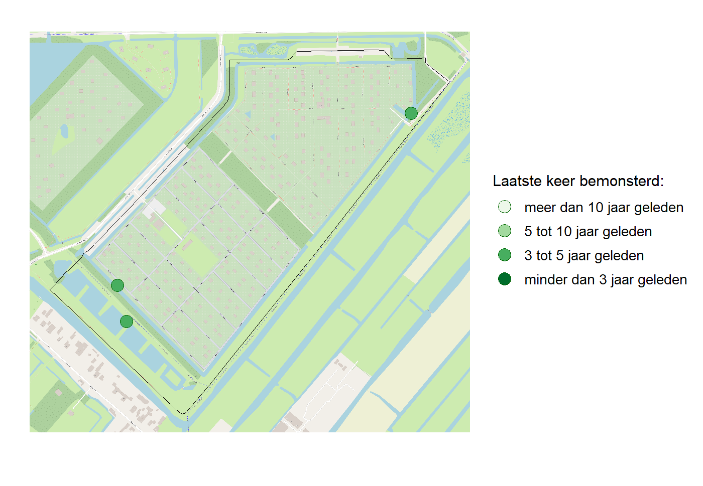 Kaart met meetlocaties waar waterplanten worden gemeten (groene stippen). Het laatste meetjaar waarin een locatie is bemonsterd is weergegeven in verschillende tinten groen.