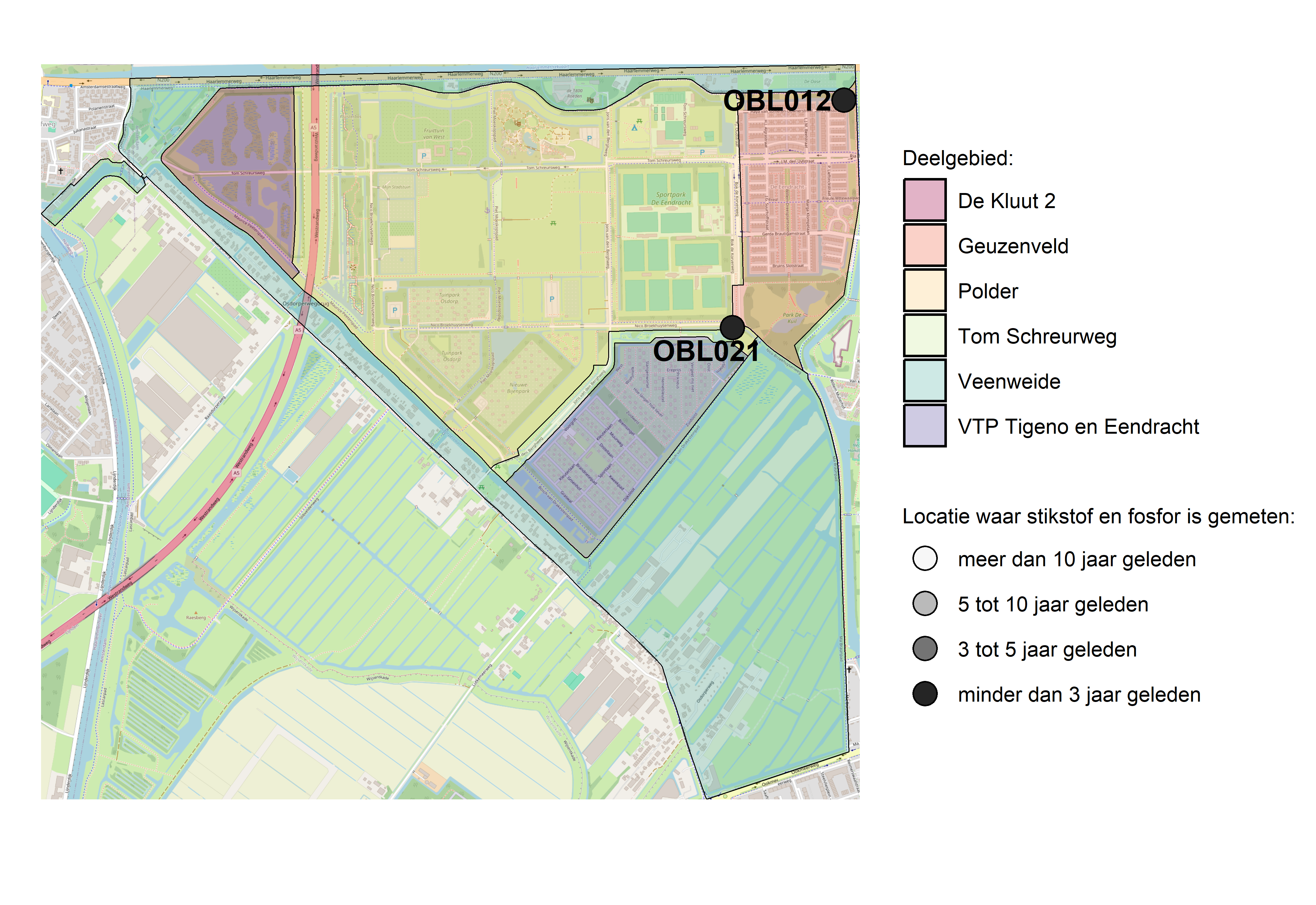 Figure 1: Kaart met meetlocaties waar stikstof en fosfor zijn gemeten. Het laatste meetjaar waarin een locatie is bemonsterd, is weergegeven in verschillende tinten grijs.