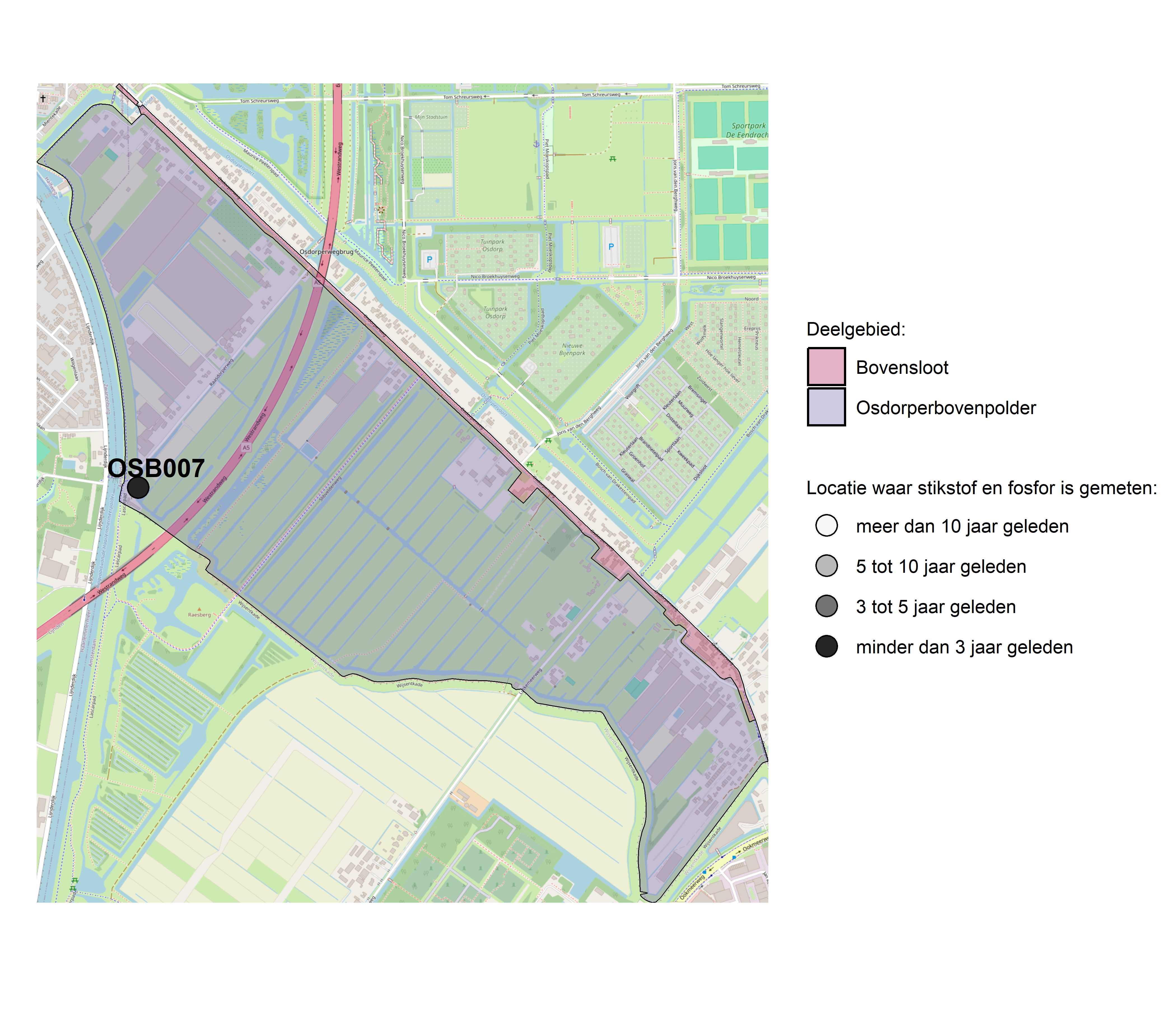 Figure 1: Kaart met meetlocaties waar stikstof en fosfor zijn gemeten. Het laatste meetjaar waarin een locatie is bemonsterd, is weergegeven in verschillende tinten grijs.